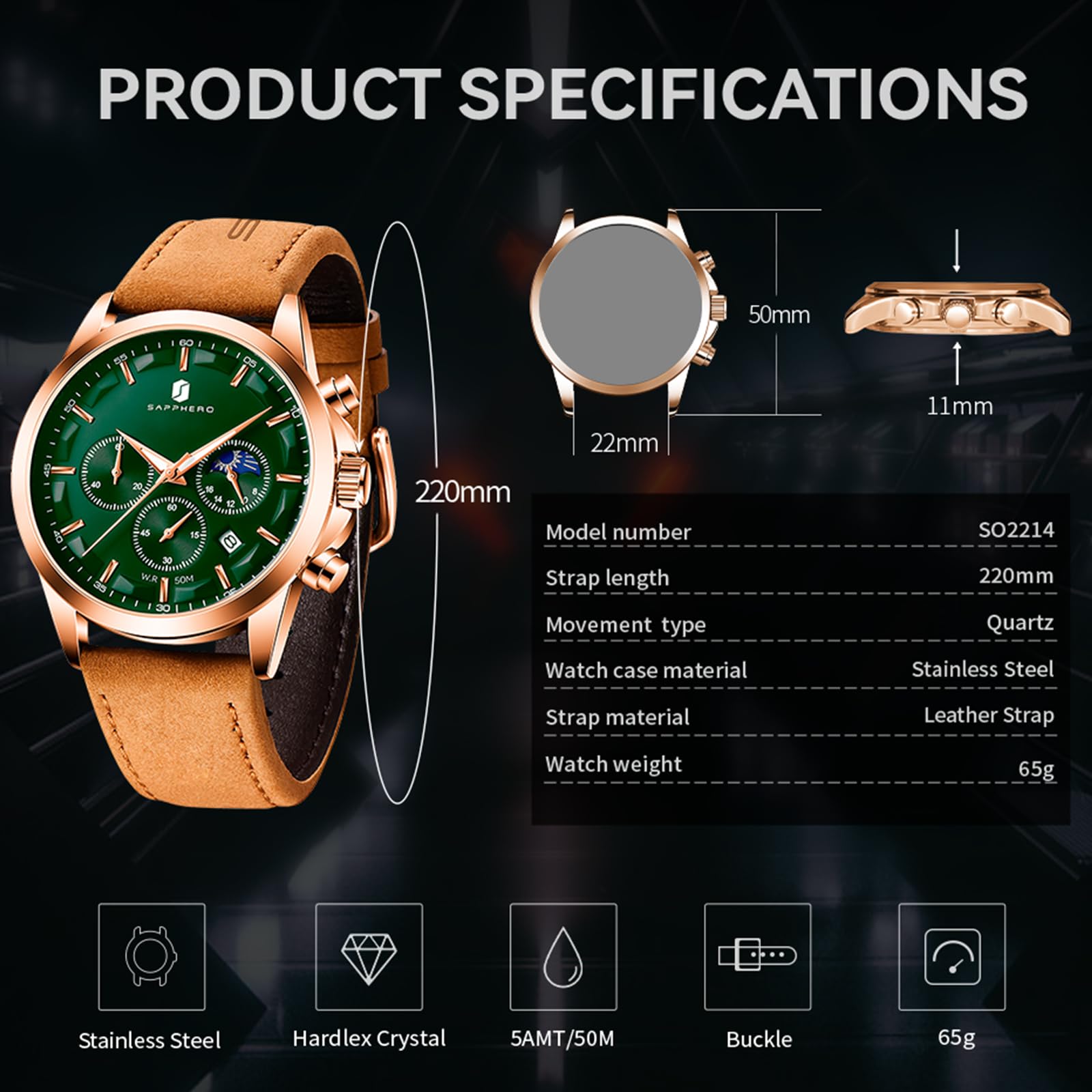 SAPPHERO Chronograph Watches for Men, Original Business Casual Stainless Steel Analog Watch 50M Waterproof Luminous Watches with Date Dial, Mens Gift