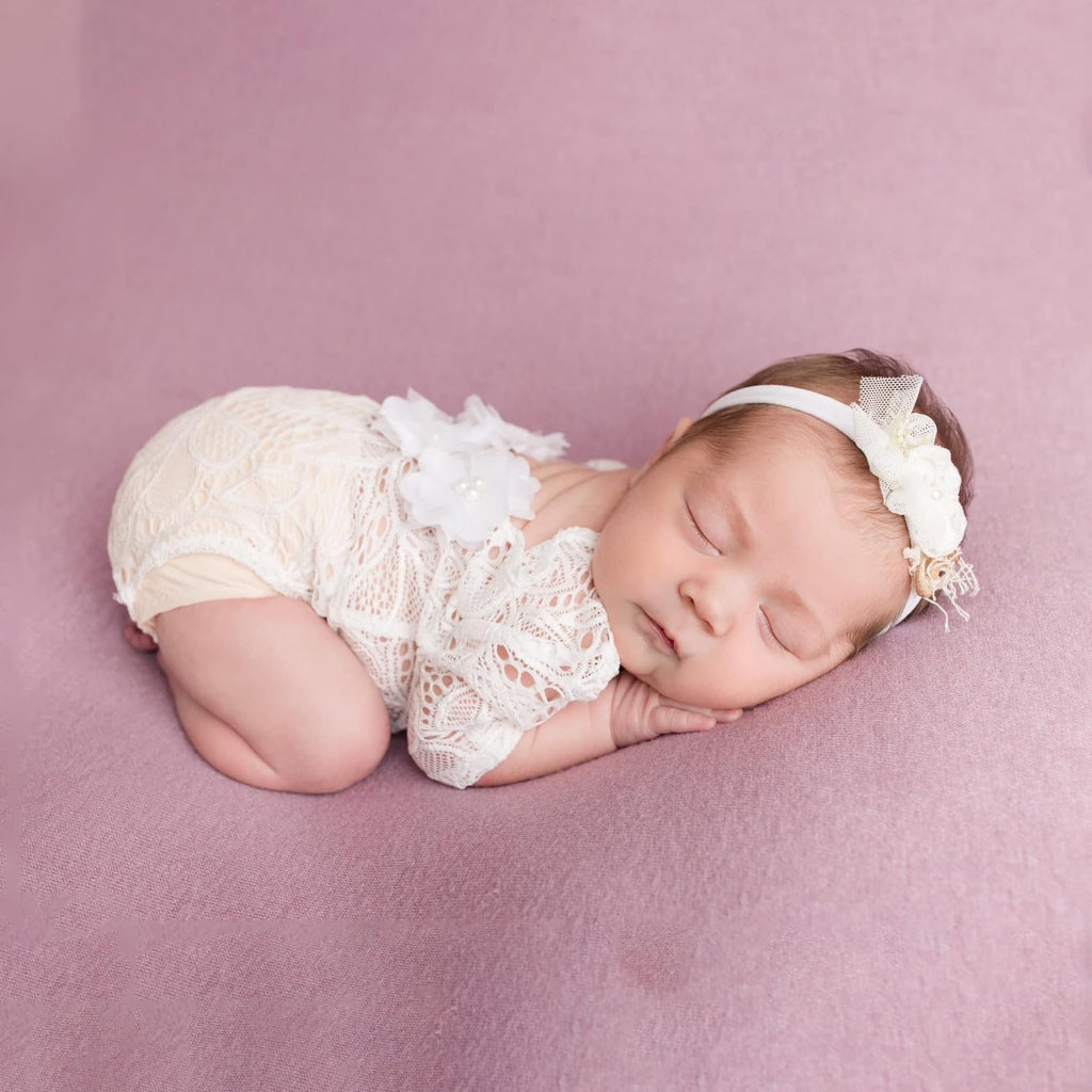 Newborn Lace Romper, 2 PCS Baby Girl Photography Props, Newborn Girl Photography Outfits with Flower Headband for Infants
