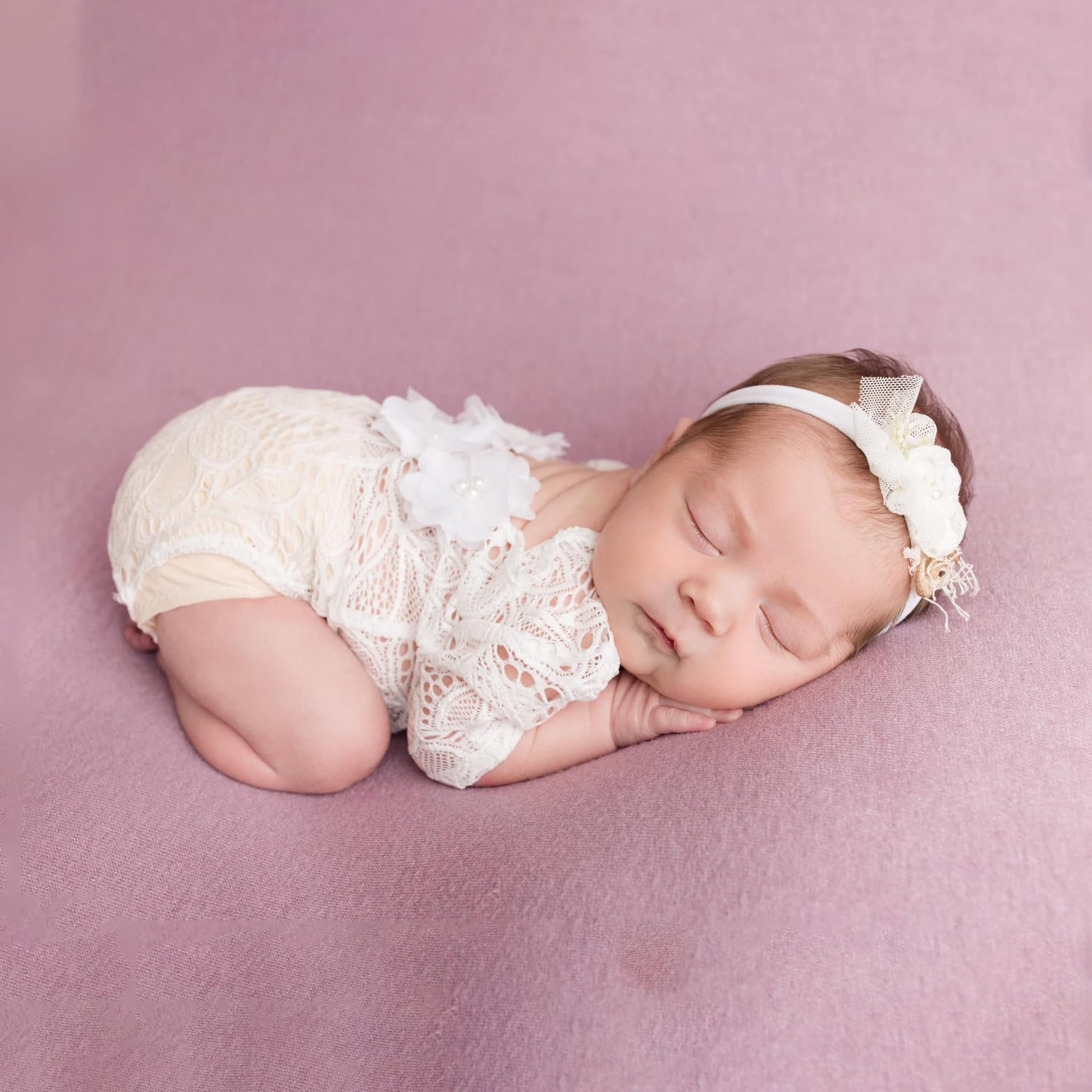 Newborn Lace Romper, 2 PCS Baby Girl Photography Props, Newborn Girl Photography Outfits with Flower Headband for Infants
