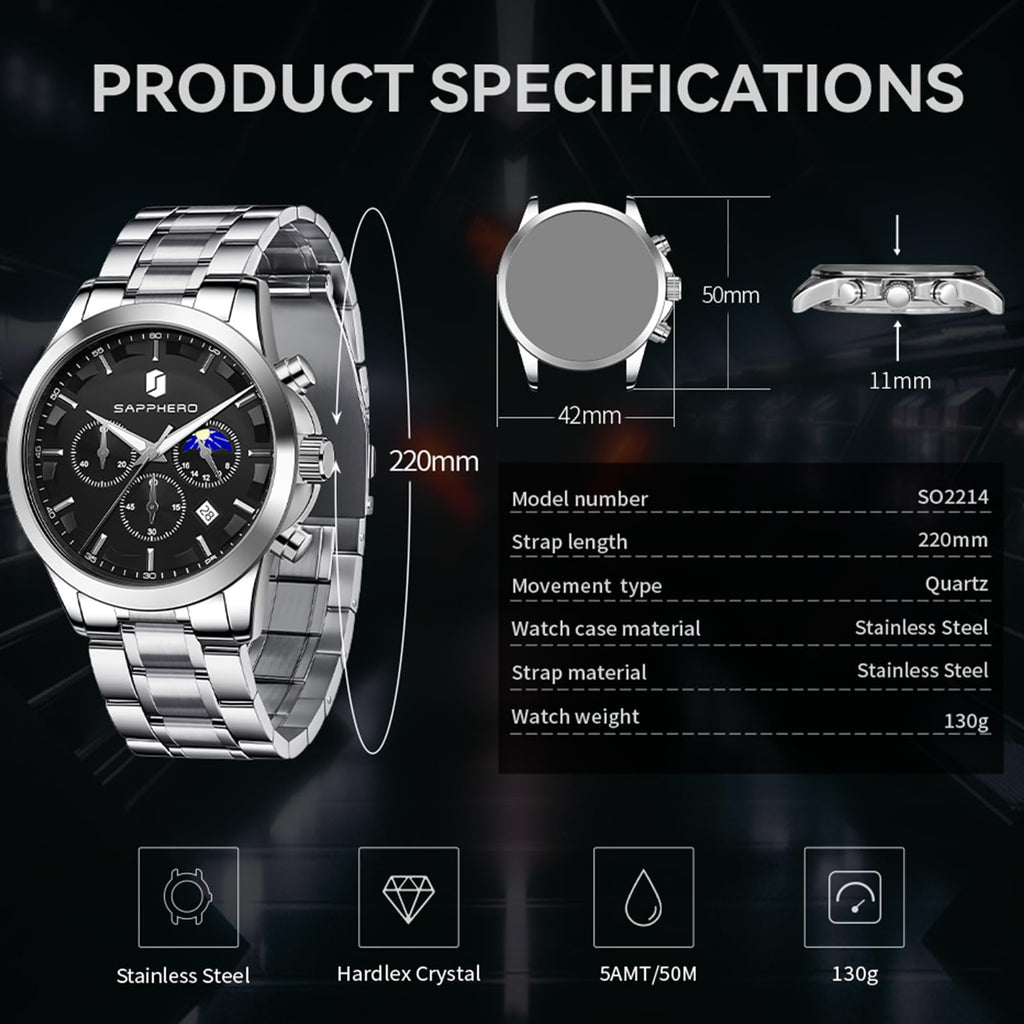 SAPPHERO Chronograph Watches for Men, Original Business Casual Stainless Steel Analog Watch 50M Waterproof Luminous Watches with Date Dial, Mens Gift