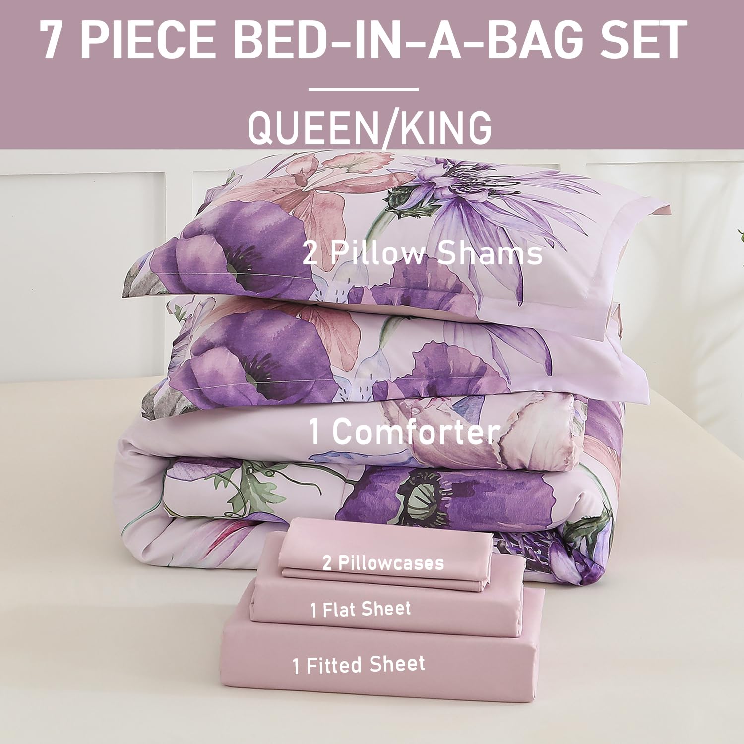 Yogeneg 7 Piece Bed in a Bag King Size Comforter Set Black Bedding Set,Gold Butterfly Leaves Printed on Black Reversible Design,Soft Microfiber Comforter with Sheet Set,All Season(Butterfly,King)