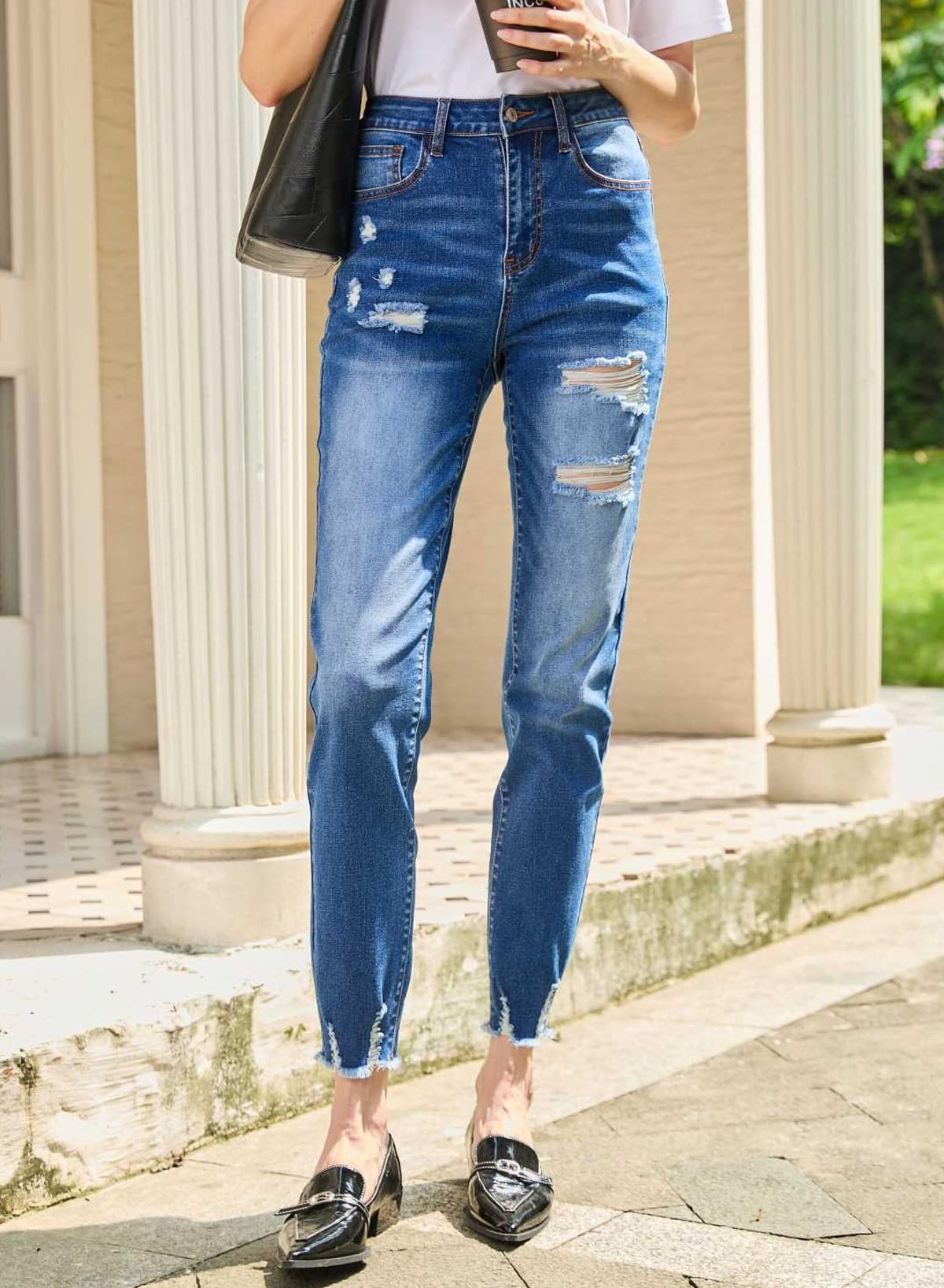 EVALESS Women's High Waisted Tummy Control Straight Ankle Ripped Jeans