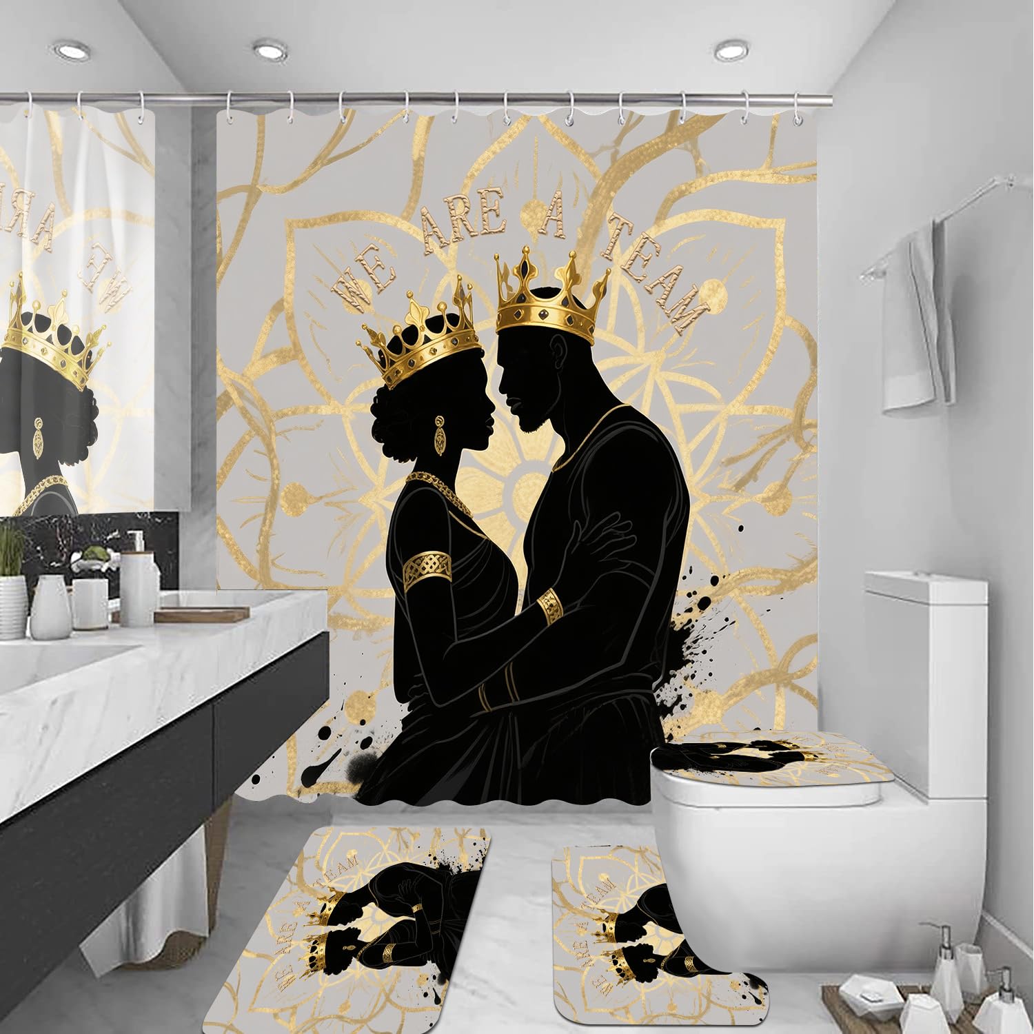 African American Shower Curtain Sets for Bathroom, Black Praying King Bathroom Sets with Waterproof Shower Curtain and Non-Slip Rugs Toilet Lid Cover Bath Mat, Cool Unique Man Bathroom Decor Sets