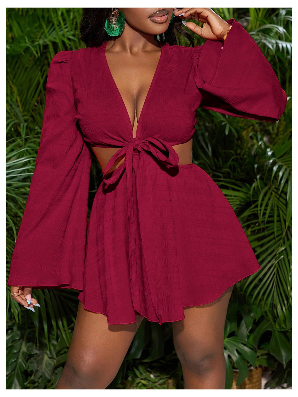 BEAUDRM Women's Tropical Dresses Summer Dress Vacation Beach Sundresses Sexy Long Bell Sleeve Two Piece Vacation Outfits