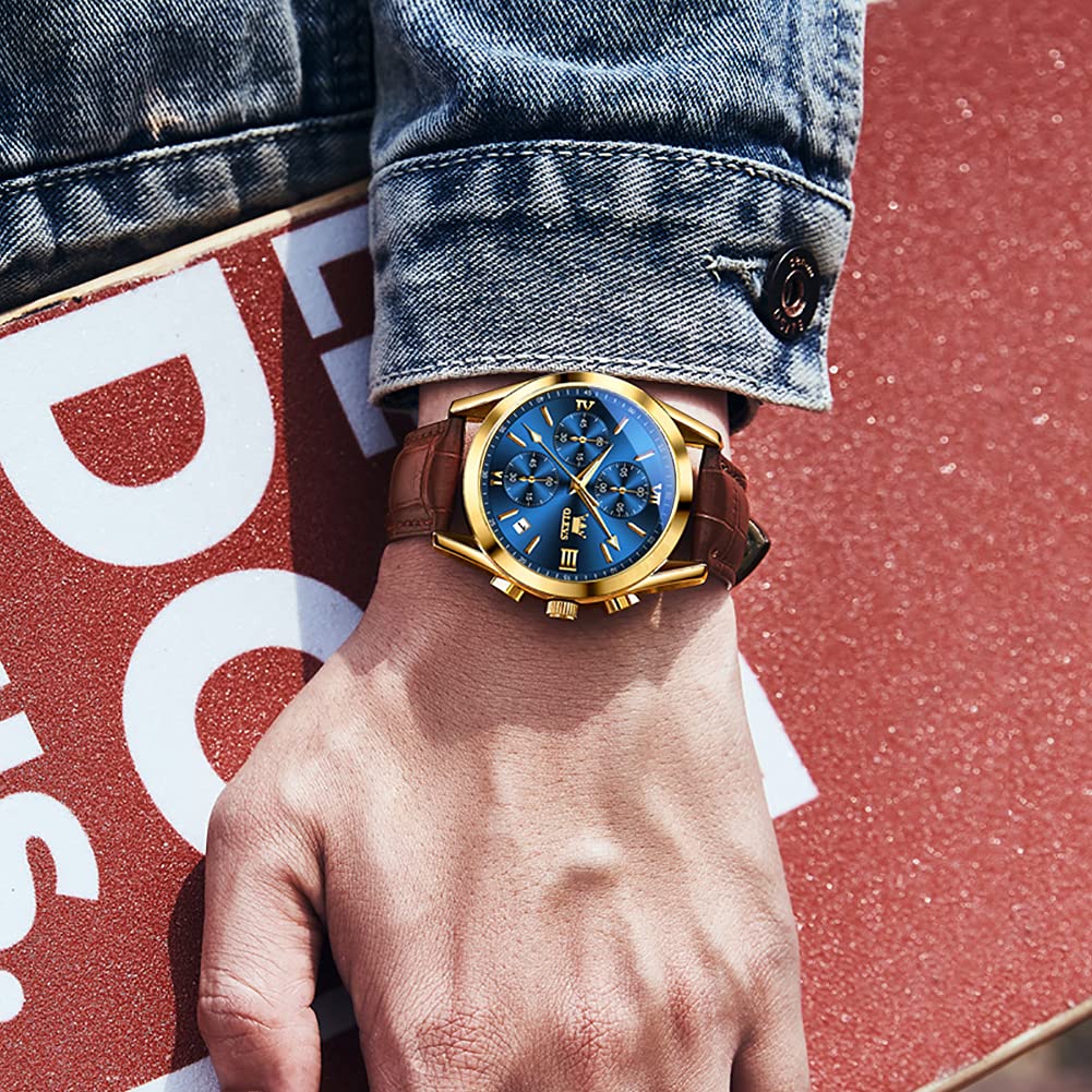 OLEVS Men's Casual Leather Watch, Big Face Chronograph Watch for Men, Fashion Easy to Read Dress Watch, Men's Waterproof Luminous Date Analog Watch, Gold/Black/White/Blue Dial