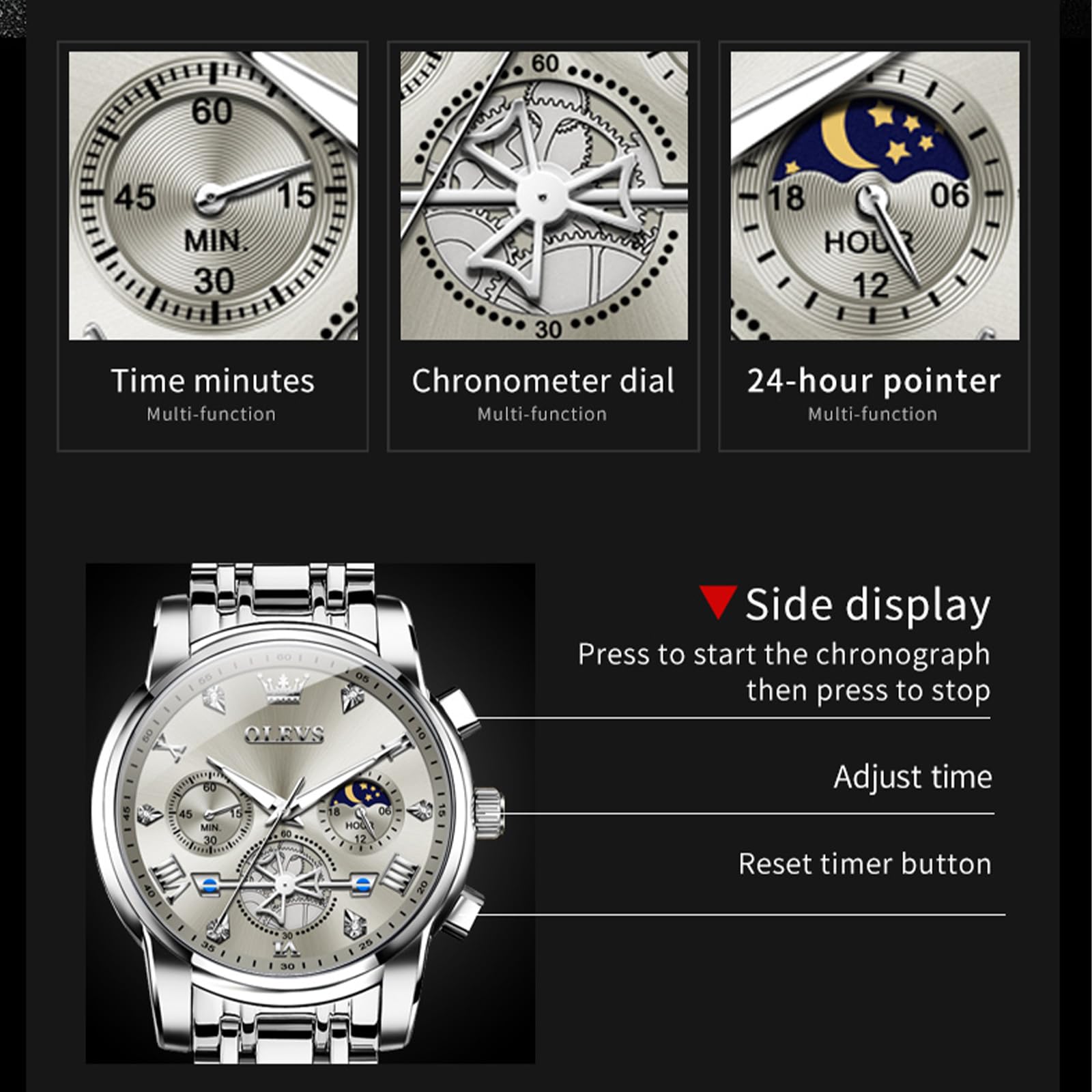 OLEVS Watches Men Waterproof Luxury Big Face Mens Watch Stainless Steel Quartz Analog Dress Watches for Men Luminous Multifunction Man Watch Relojes De Hombre