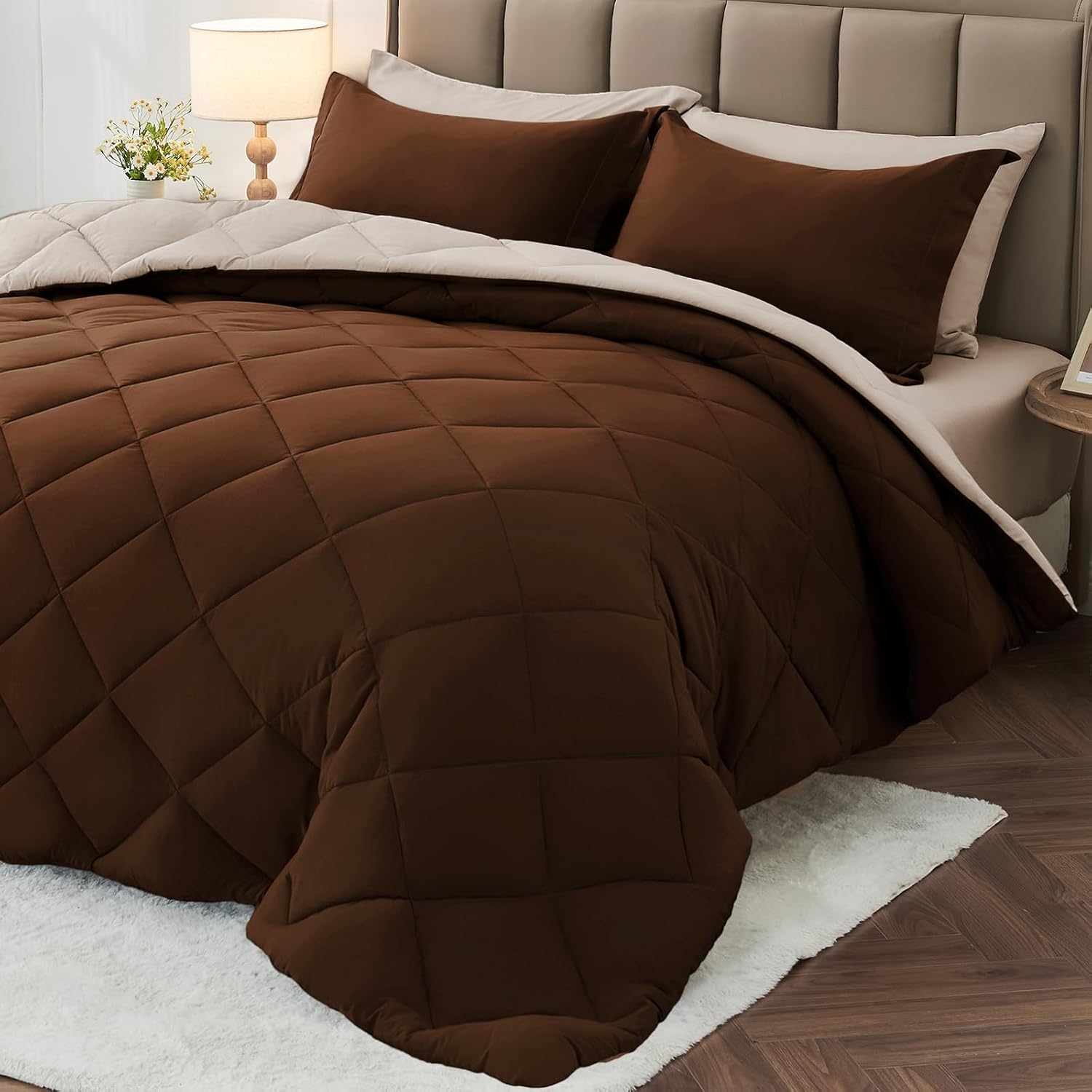 MUXHOMO 7 Pieces King Comforter Set, Reversible Bed in a Bag King Size, All Season Bedding Set with Comforter, Flat Sheet, Fitted Sheet, Pillowcases & Shams, Red & Black