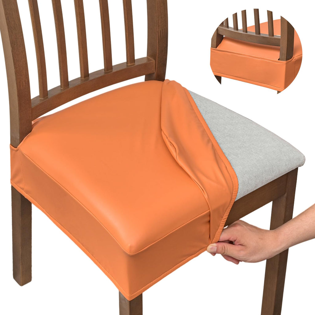 NILUOH Waterproof Seat Covers for Dining Room Chairs Set of 6, Pu Leather Chair Seat Slipcovers Dining Chair Cover Removable Washable Chair Protctor Cover, Rear Covers (PU-Coffee)