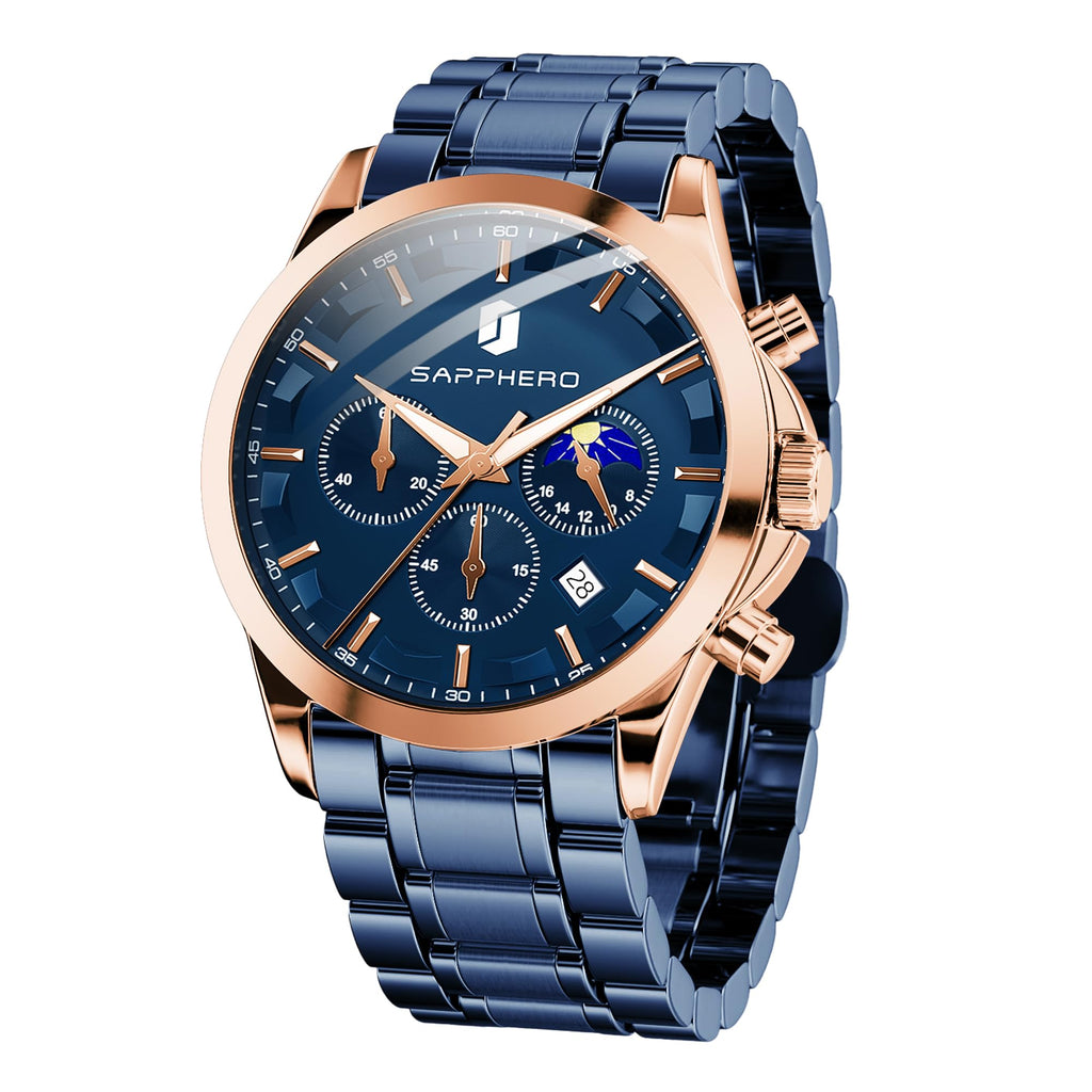 SAPPHERO Chronograph Watches for Men, Original Business Casual Stainless Steel Analog Watch 50M Waterproof Luminous Watches with Date Dial, Mens Gift