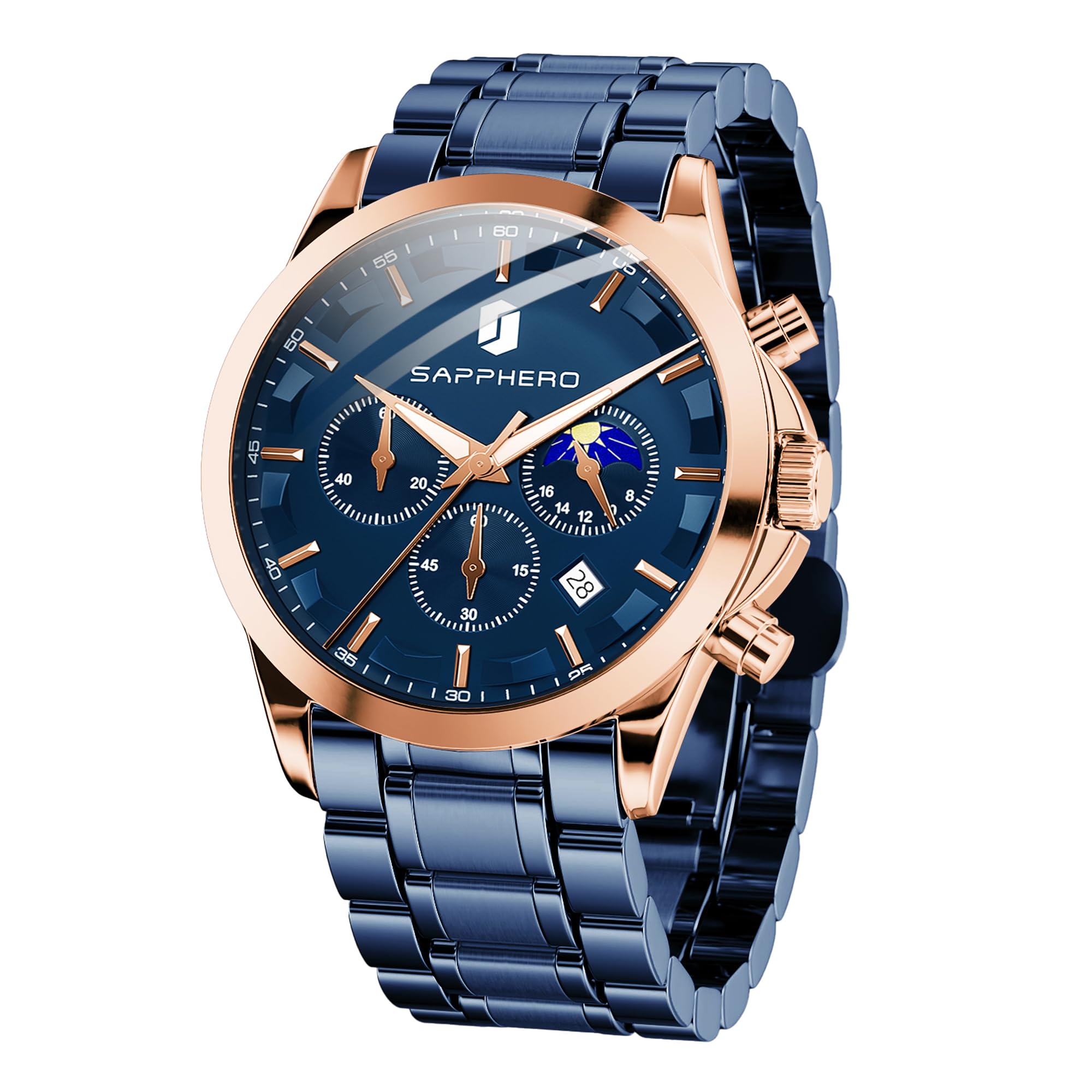 SAPPHERO Chronograph Watches for Men, Original Business Casual Stainless Steel Analog Watch 50M Waterproof Luminous Watches with Date Dial, Mens Gift
