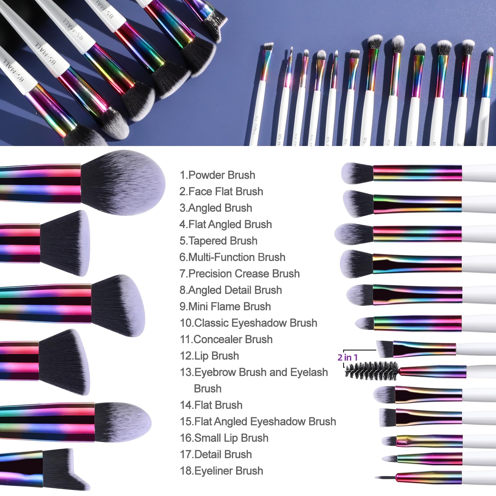 BS-MALL Makeup Brush Set 18 Pcs Professional Foundation Powder Concealers Eyeshadow Blush Synthetic Makeup Brushes with Labeled instruction Black Case Upgraded Version