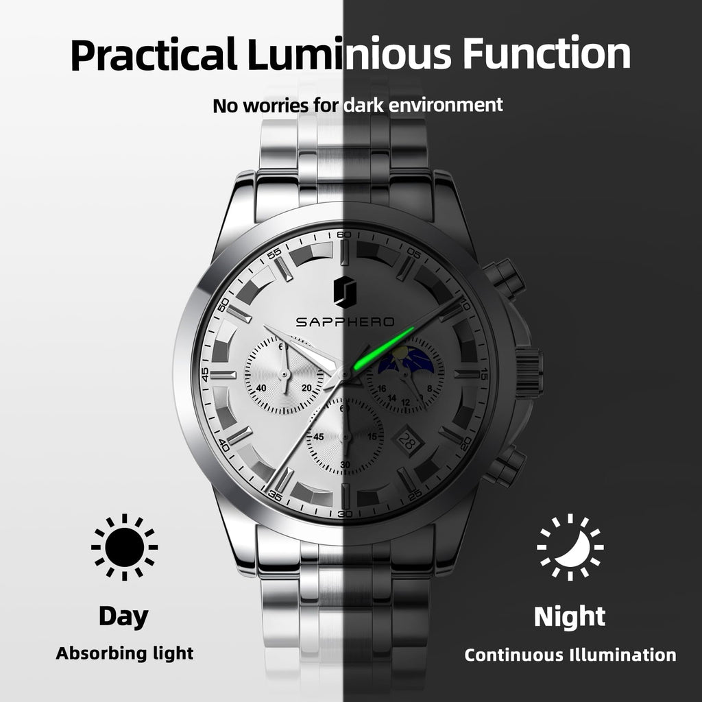 SAPPHERO Chronograph Watches for Men, Original Business Casual Stainless Steel Analog Watch 50M Waterproof Luminous Watches with Date Dial, Mens Gift
