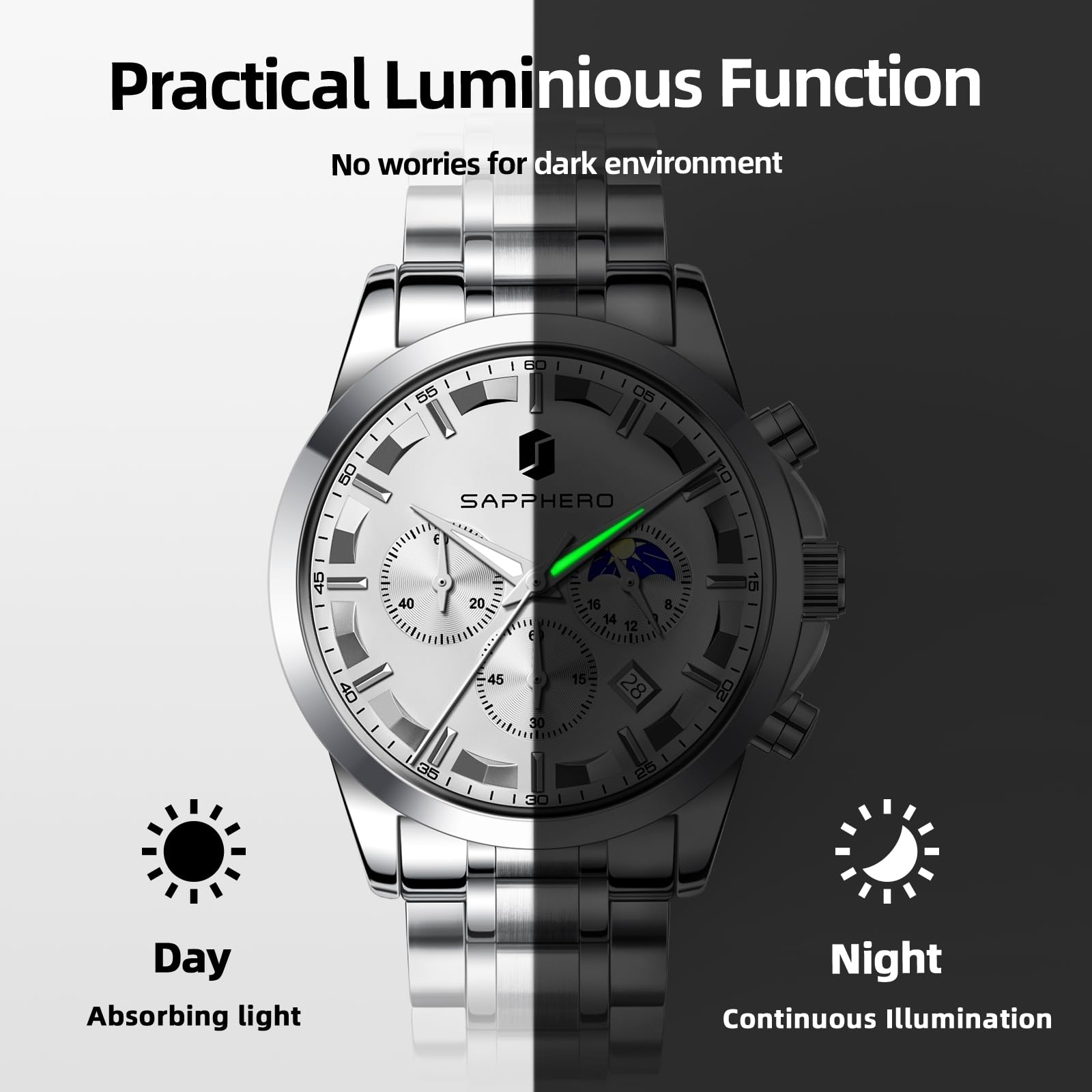 SAPPHERO Chronograph Watches for Men, Original Business Casual Stainless Steel Analog Watch 50M Waterproof Luminous Watches with Date Dial, Mens Gift