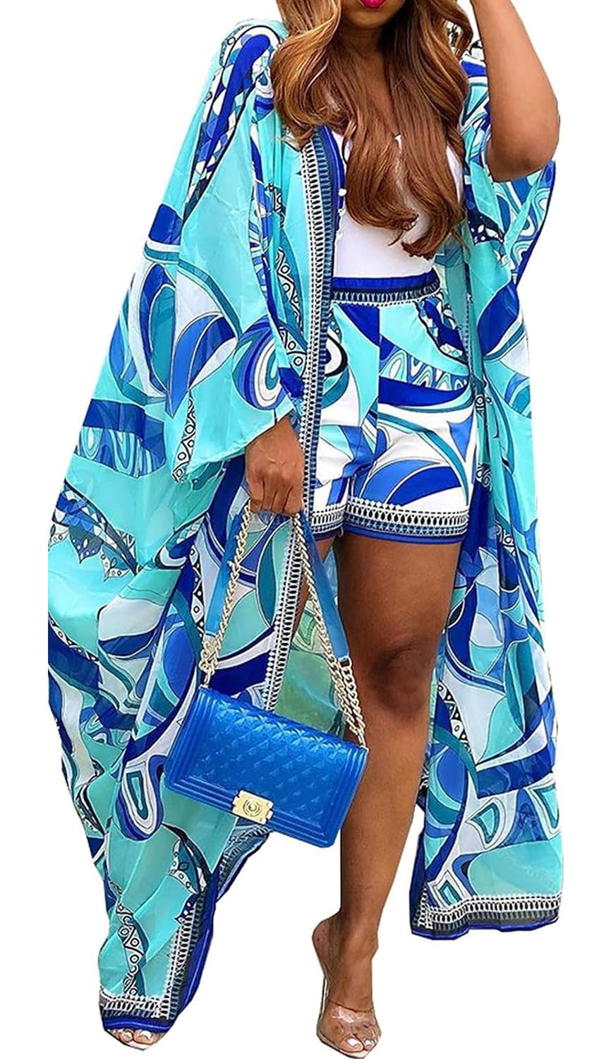 QegarTop Kimono Shorts Set for Women Two Piece Summer Vacation Outfits Flowy Beach Cover up Duster