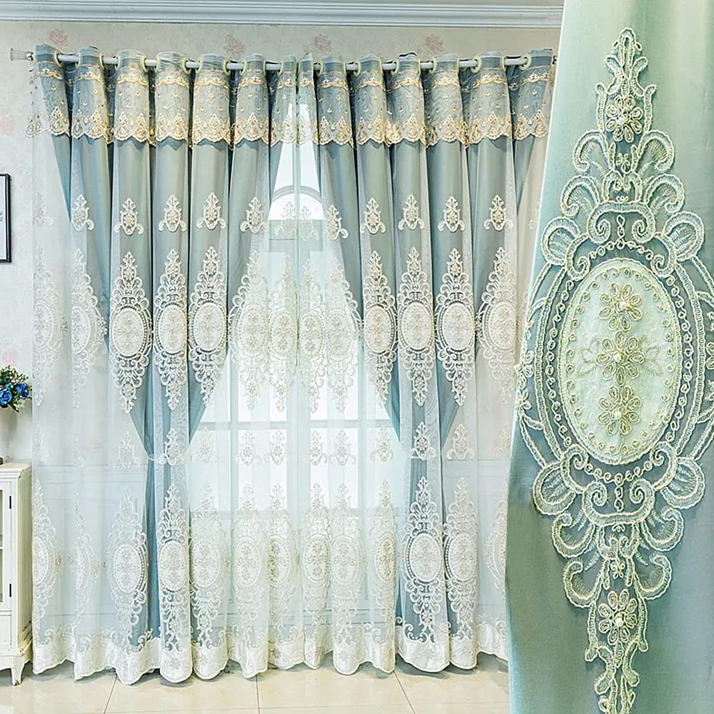 Amidoudou 1 Pair European Double Layer Curtains with Valances for Living Room Bedroom Luxury 3D Flower Embroidered Curtains (Yellow,52x96 Inch)