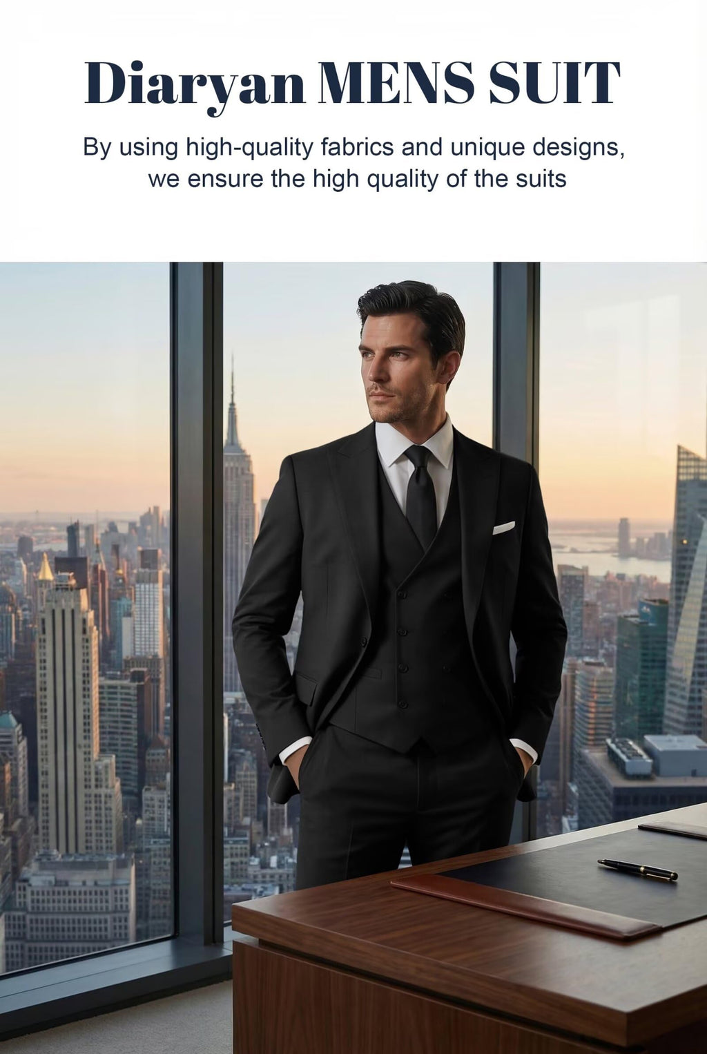 Mens Suit 3 Piece Double Breasted Suit Men Formal Business Tuxedos Blazer Vest Pants Set for Wedding Party Dinner