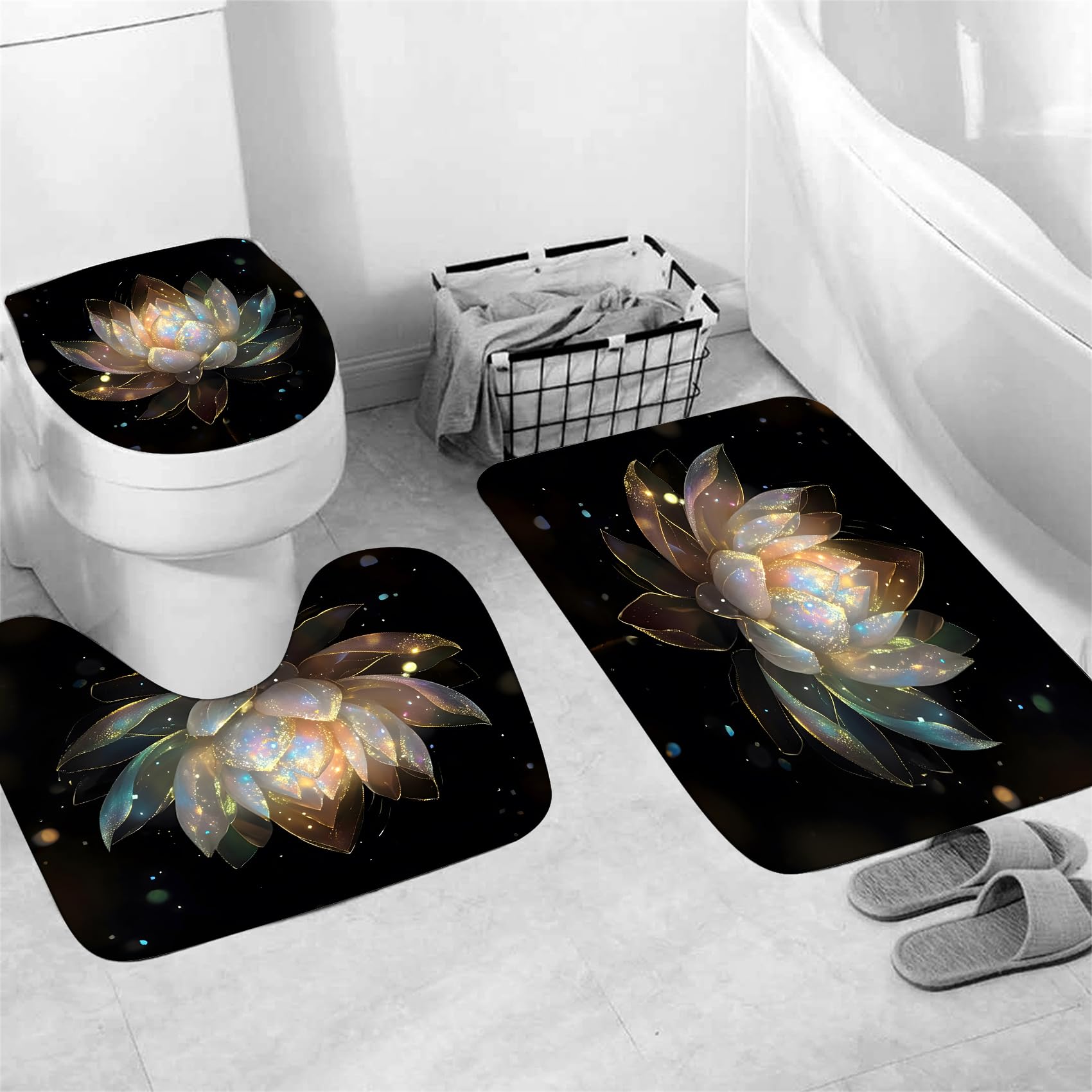 AZHM 4PCS Lotus Shower Curtain Set Black and Gold Flower Bathroom Decor Sets with Shower Curtain and Rugs and Accessories with 12 Hooks for Toilet