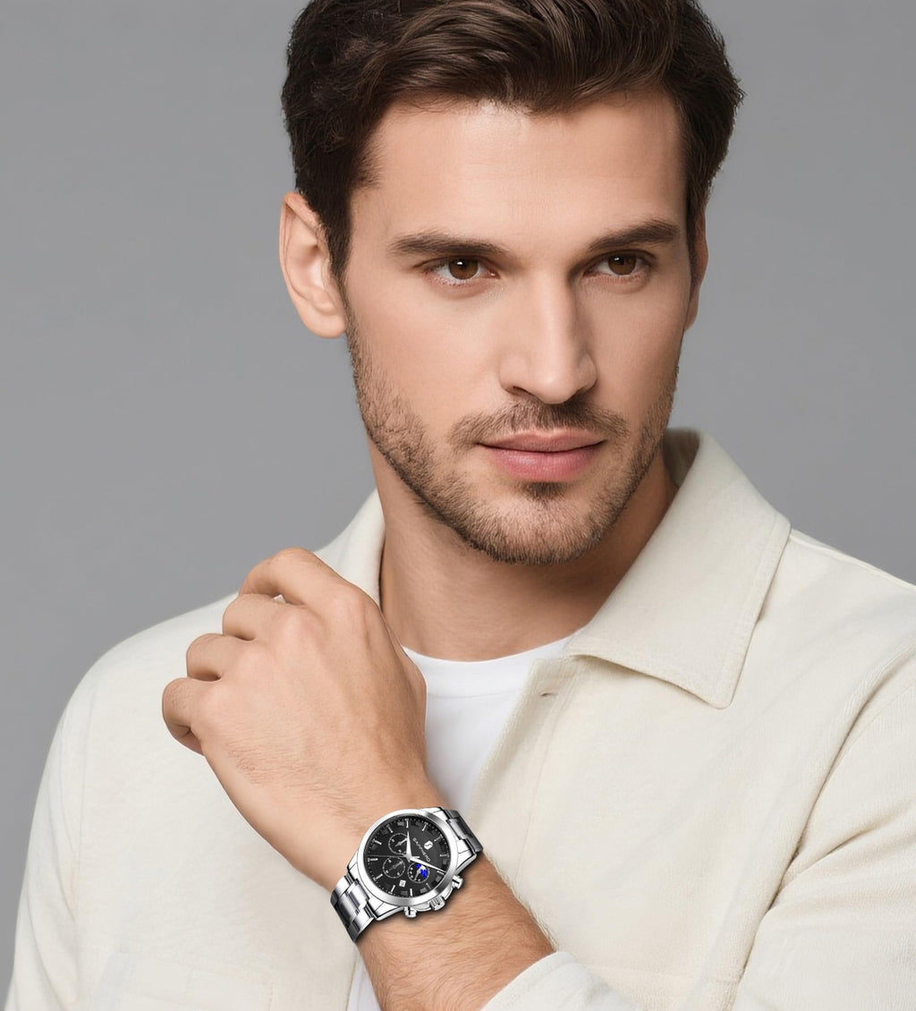 SAPPHERO Chronograph Watches for Men, Original Business Casual Stainless Steel Analog Watch 50M Waterproof Luminous Watches with Date Dial, Mens Gift