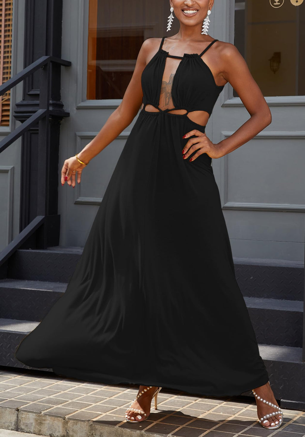 Geulis 2026 Women Summer Beach Dresses Sexy Cut Out Sleeveless Spaghetti Strap Halter Dress Flowy Maxi Vacation Dress