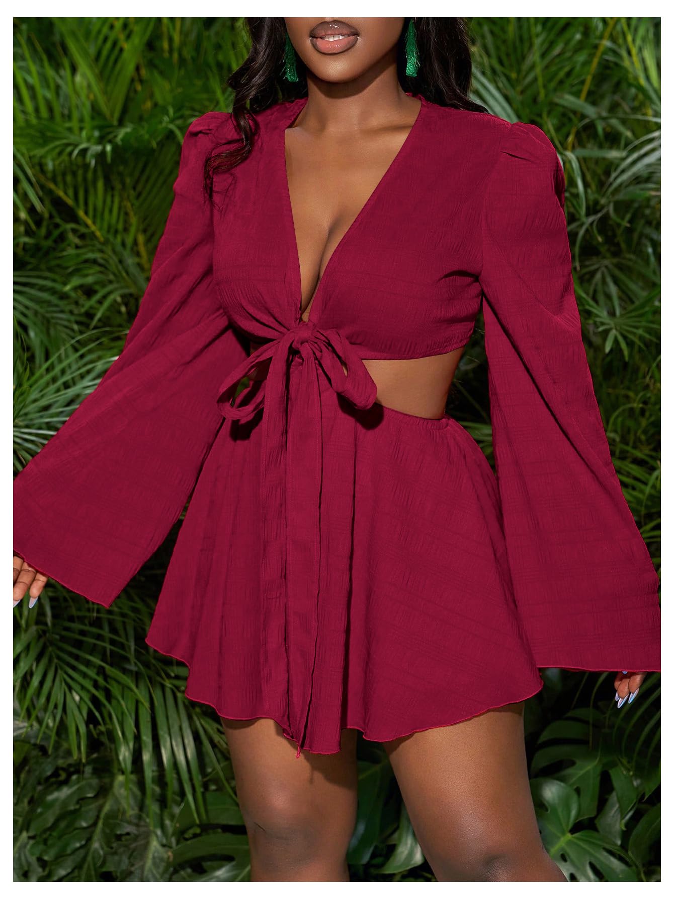 BEAUDRM Women's Tropical Dresses Summer Dress Vacation Beach Sundresses Sexy Long Bell Sleeve Two Piece Vacation Outfits