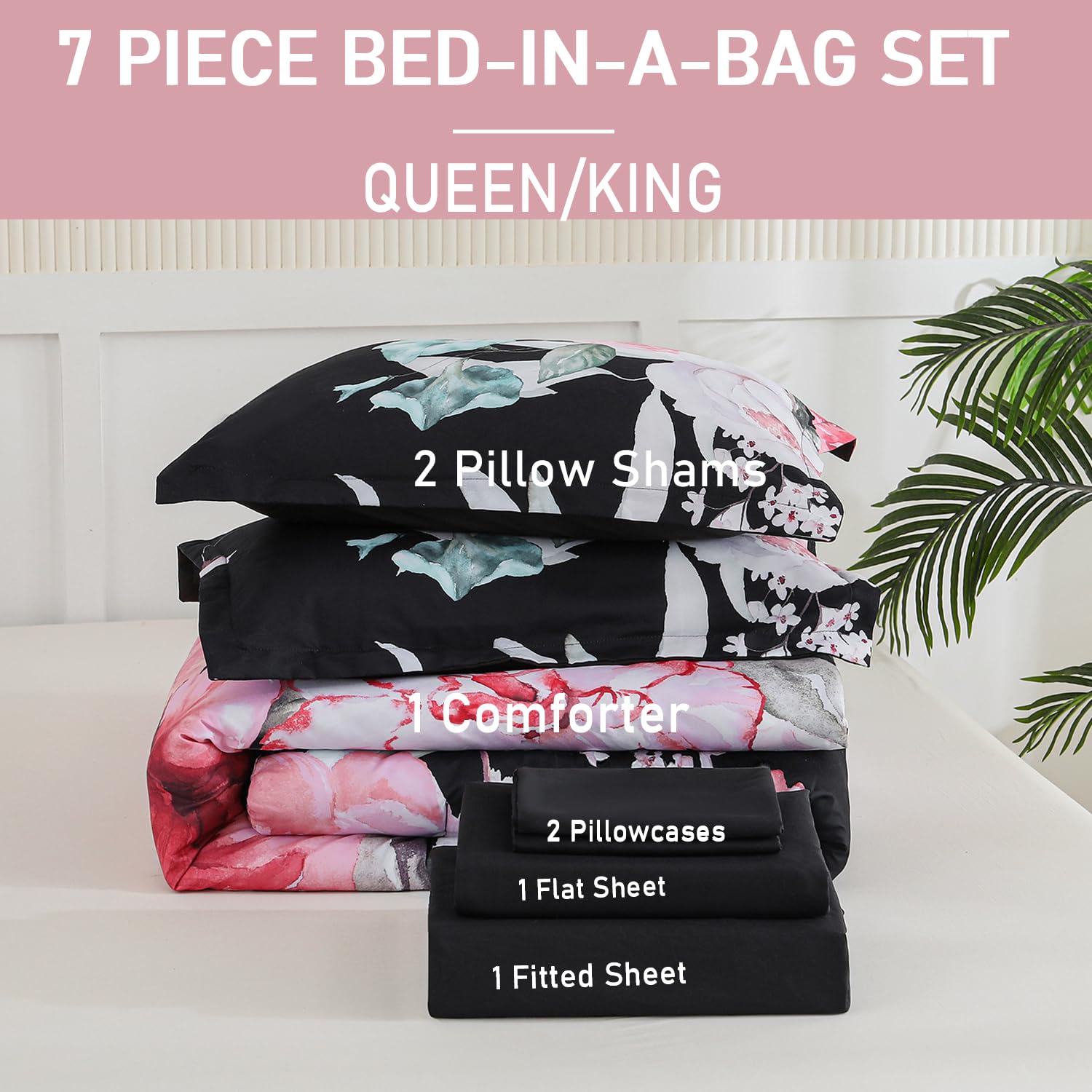 Yogeneg 7 Piece Bed in a Bag King Size Comforter Set Black Bedding Set,Gold Butterfly Leaves Printed on Black Reversible Design,Soft Microfiber Comforter with Sheet Set,All Season(Butterfly,King)