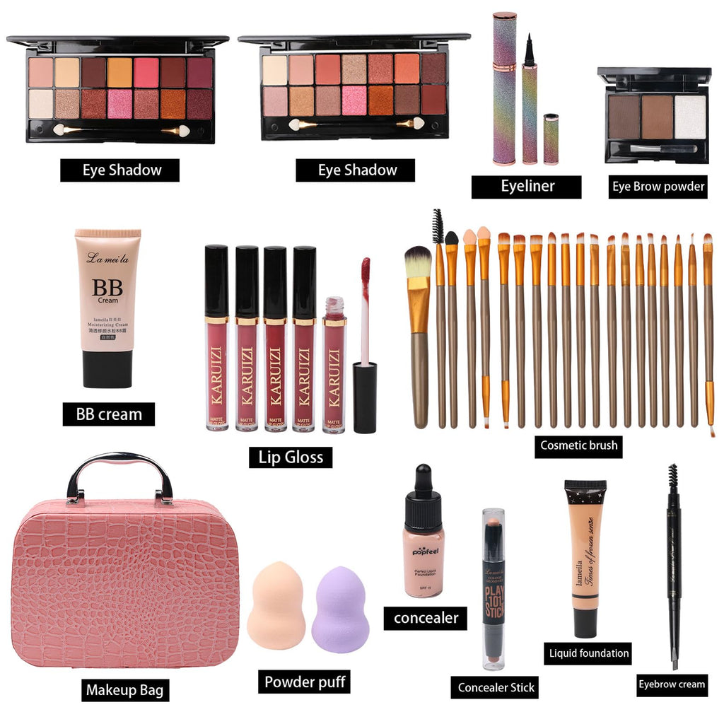 MTDXILTAI All in One Makeup Kit for Makeup storage bag 2X14 Colors Eyeshadow Palette Liquid Foundation Eyeliner Pencils Contouring Stick Lip Gloss 20Pcs Make up Brushes For Women Girls Teens (Black)