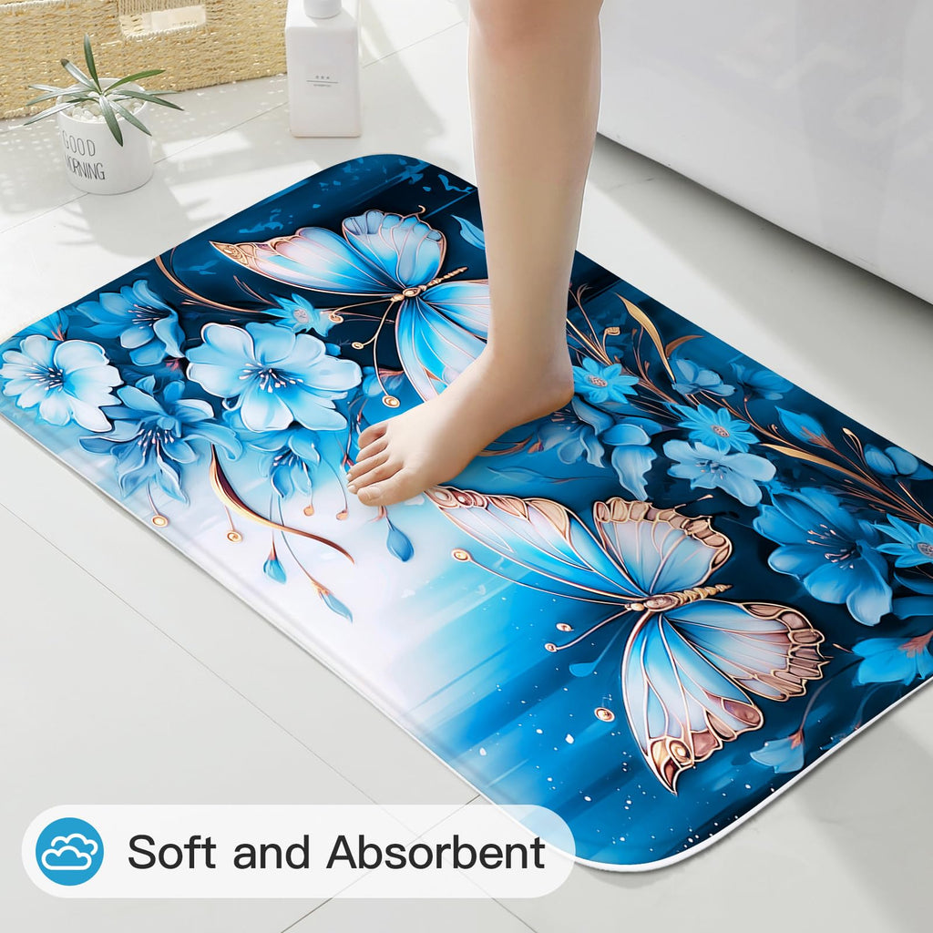 Litabel 4 Pcs Black Floral Butterfly Shower Curtain Set with Non-Slip Rugs, White Gold Modern Toilet Lid Cover and Bath Mat, Elegant Bathroom Decor Set (Hooks Not Included)