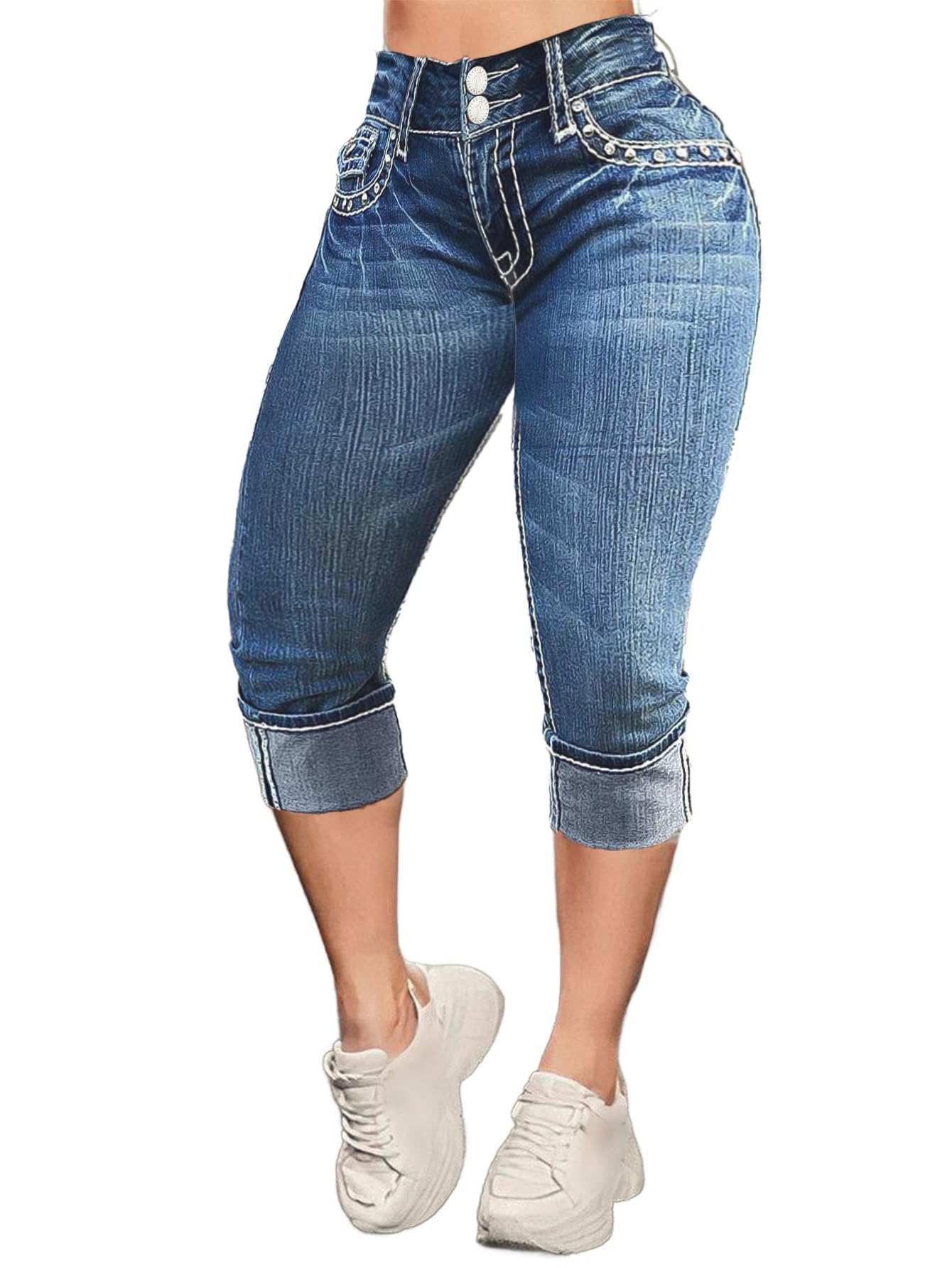 Flamingals High Waist Capris Jeans for Women Casual Summer Butt Lifting Skinny Denim Capri