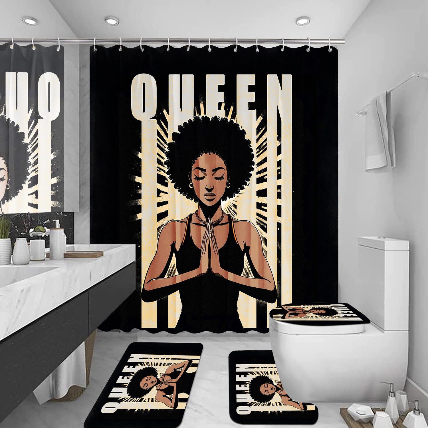 African American Shower Curtain Sets for Bathroom, Black Praying King Bathroom Sets with Waterproof Shower Curtain and Non-Slip Rugs Toilet Lid Cover Bath Mat, Cool Unique Man Bathroom Decor Sets