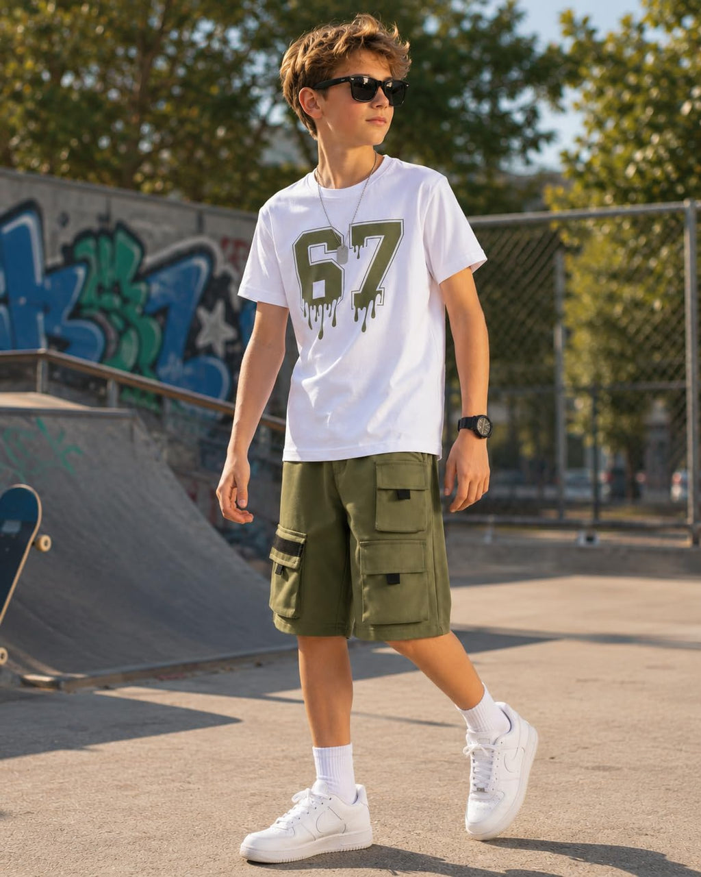 Azmxynol Tween Boys Clothes Daily Casual Short Sleeve Top + Cargo Shorts 2 Pieces Outfit Set, Size 6-14 Years