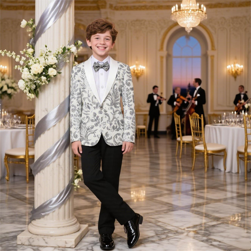 Lamgool Boys Tuxedo Suit Slim Fit Formal Set 2 Pieces with Floral Jacquard Sequin Blazer Black Pants for Kids Prom Wedding