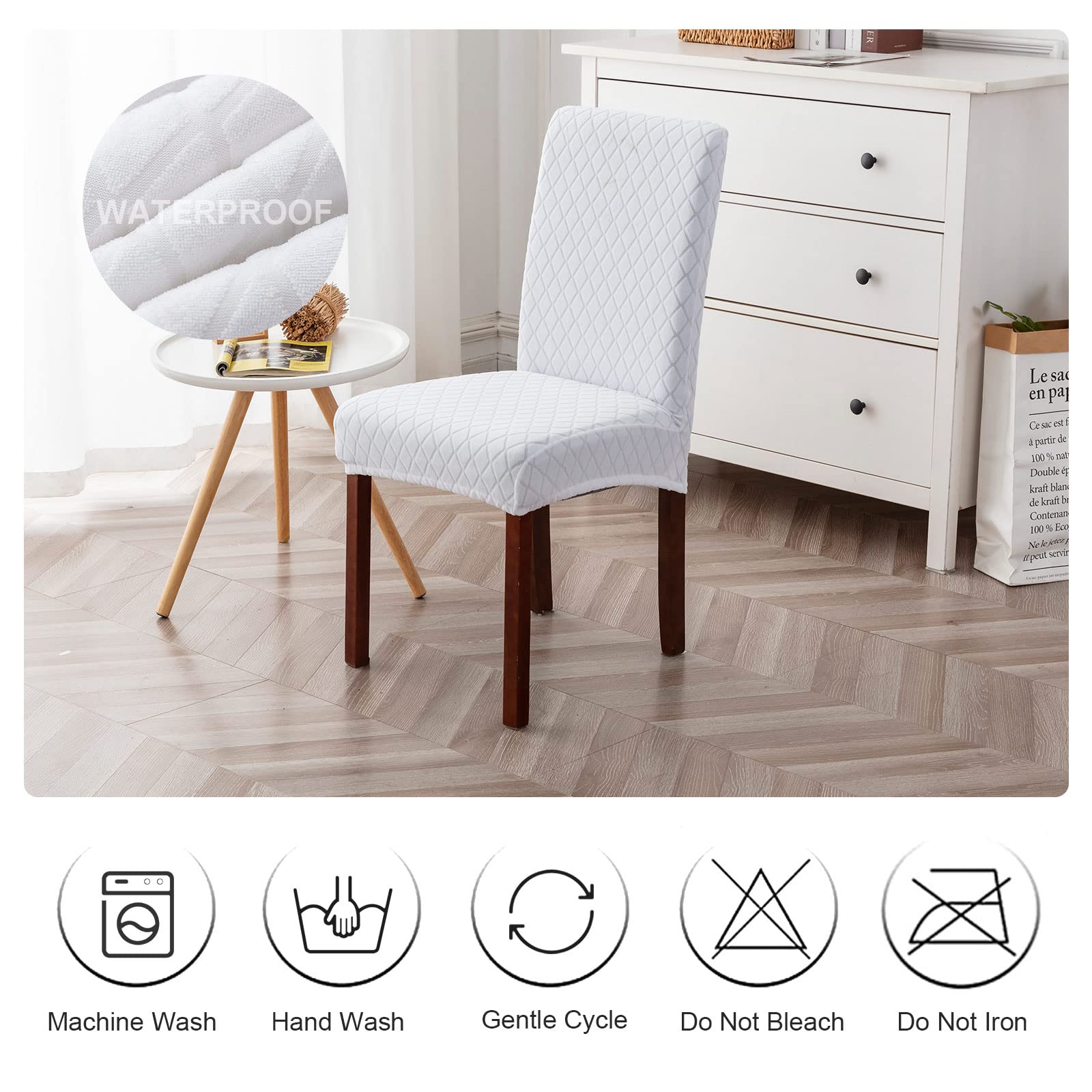 Genina Waterproof Chair Covers for Dining Room 6 Pack, Stretch Jacquard Dining Chair Cover Removable Washable Chair Protectors Cover for Kitchen, Home (Leaves-Warm Gray, 6 PCS)