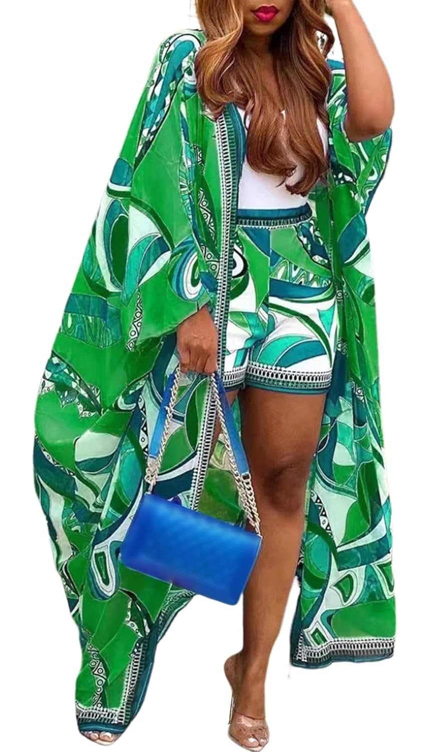 QegarTop Kimono Shorts Set for Women Two Piece Summer Vacation Outfits Flowy Beach Cover up Duster