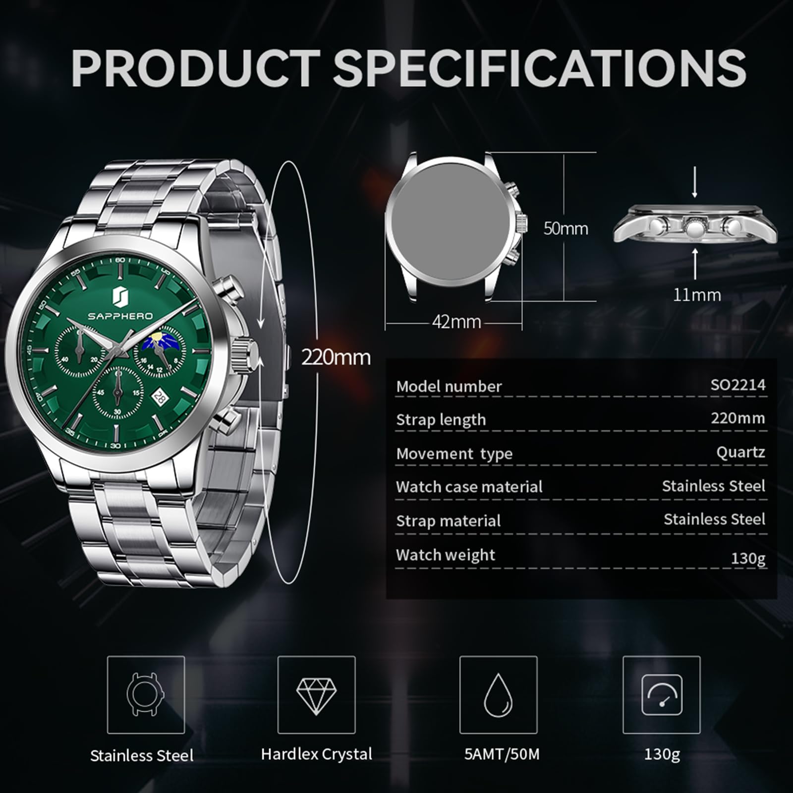 SAPPHERO Chronograph Watches for Men, Original Business Casual Stainless Steel Analog Watch 50M Waterproof Luminous Watches with Date Dial, Mens Gift