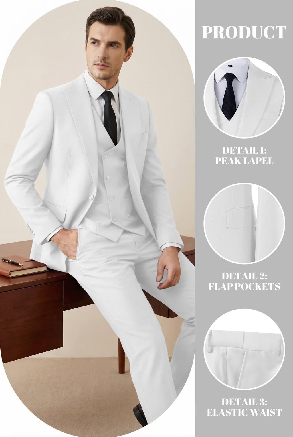 Mens Suit 3 Piece Double Breasted Suit Men Formal Business Tuxedos Blazer Vest Pants Set for Wedding Party Dinner