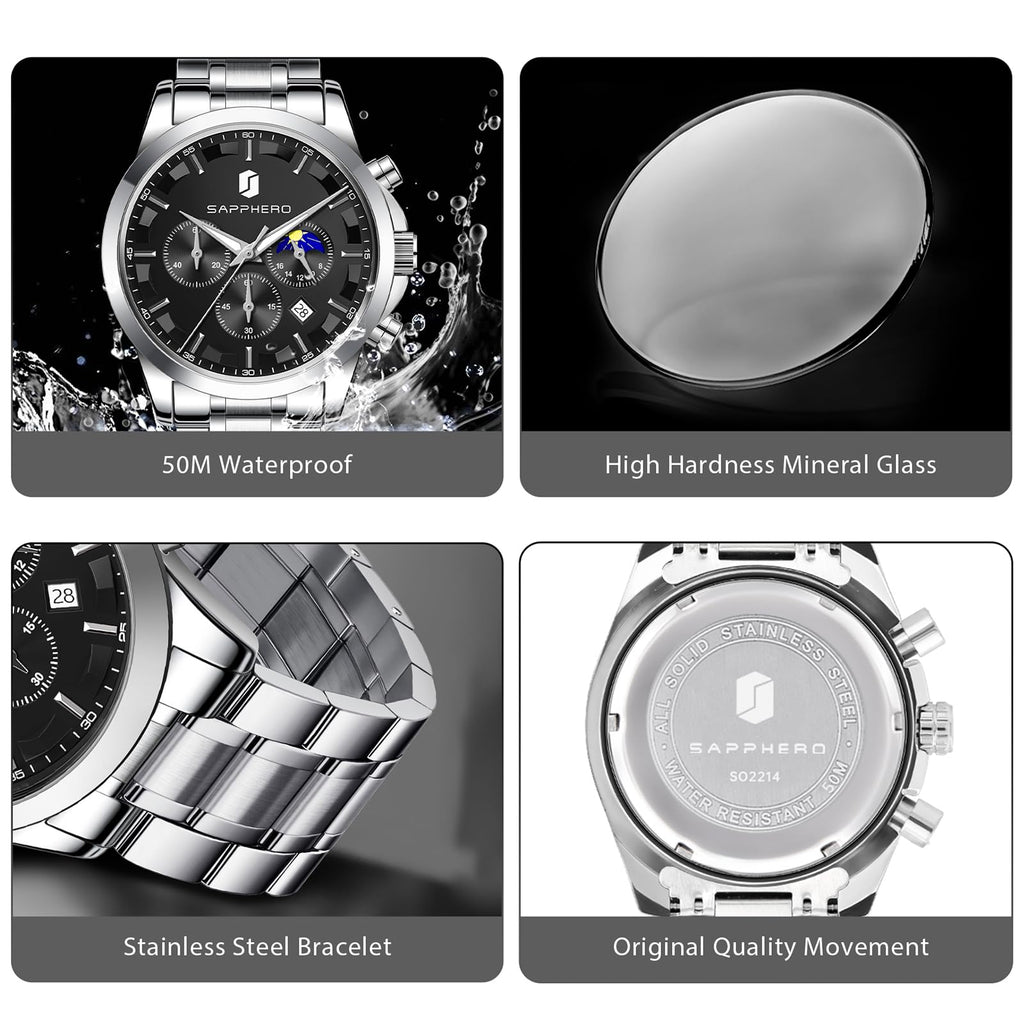 SAPPHERO Chronograph Watches for Men, Original Business Casual Stainless Steel Analog Watch 50M Waterproof Luminous Watches with Date Dial, Mens Gift