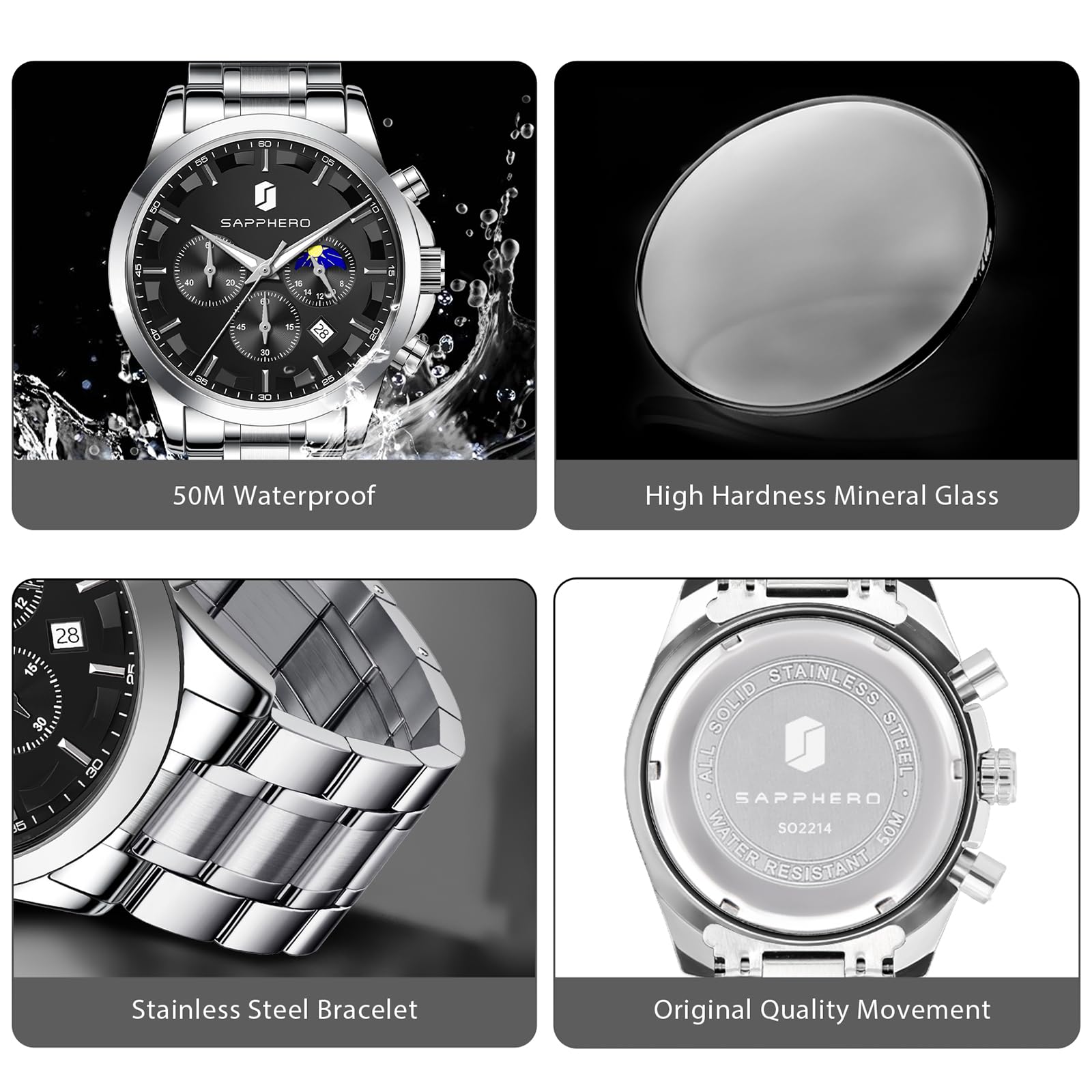 SAPPHERO Chronograph Watches for Men, Original Business Casual Stainless Steel Analog Watch 50M Waterproof Luminous Watches with Date Dial, Mens Gift