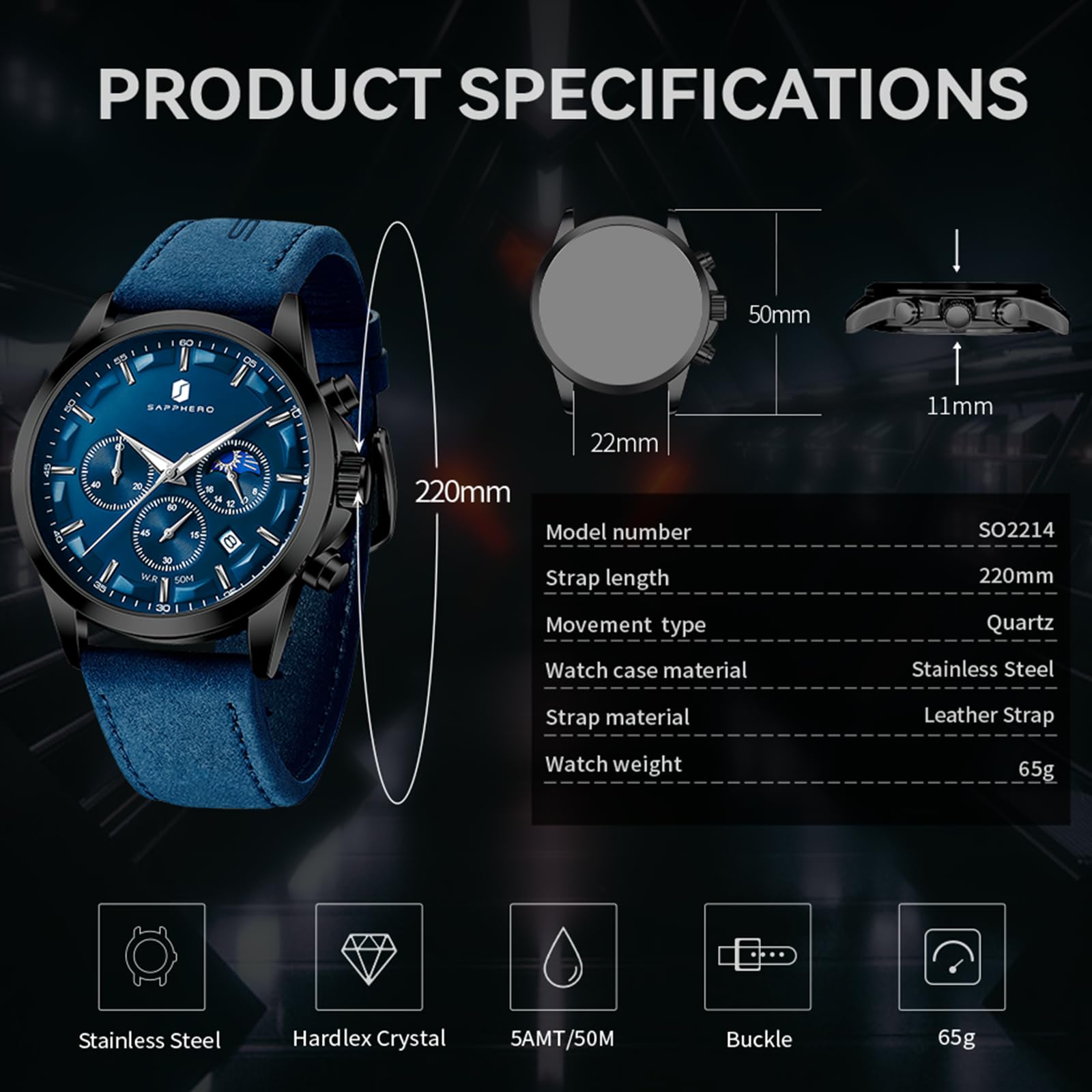 SAPPHERO Chronograph Watches for Men, Original Business Casual Stainless Steel Analog Watch 50M Waterproof Luminous Watches with Date Dial, Mens Gift
