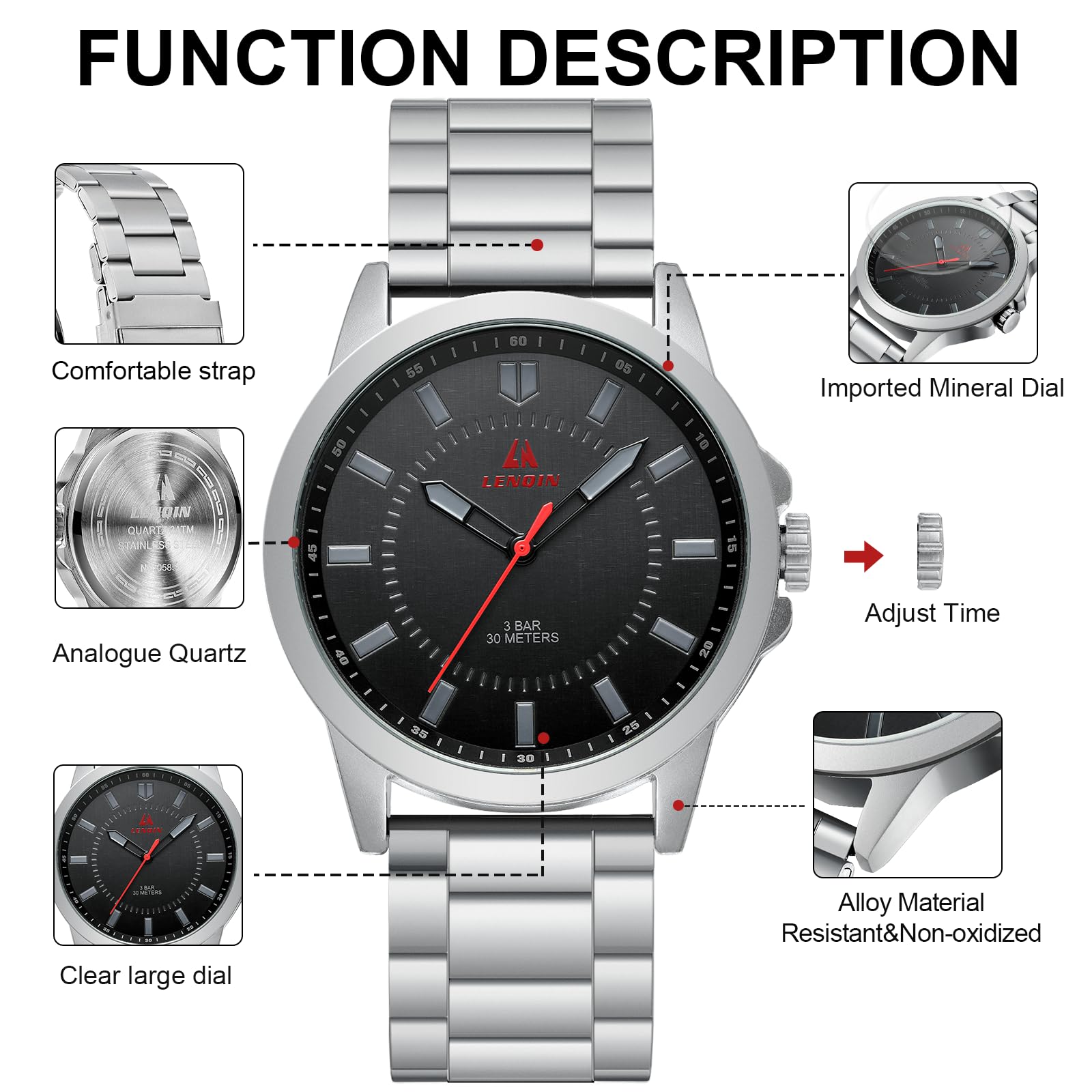 LN LENQIN Mens Watches Waterproof Stainless Steel Watch for Men Analog Quartz Fashion Business Designer Wristwatch