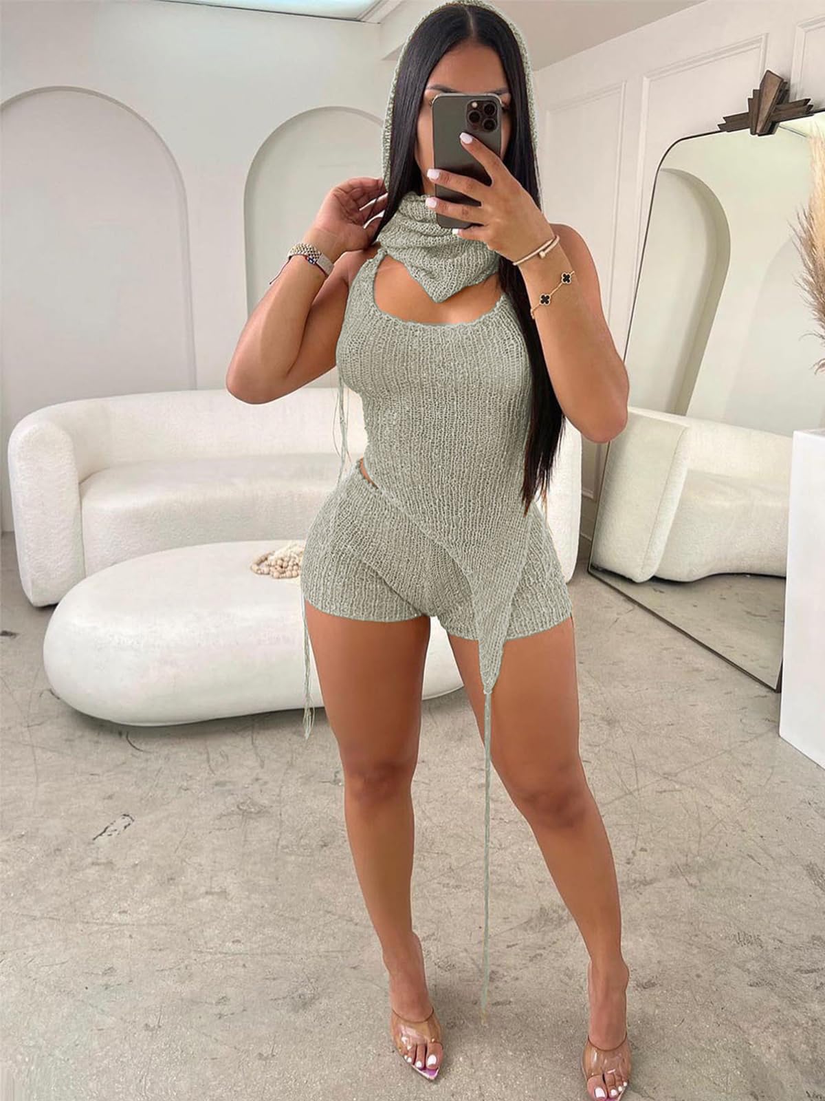 KANSOON Sexy Two Piece Outfits for Women Sequin Knit Backless Irregular Halter Top Crochet Shorts Set with Matching Rave Hood