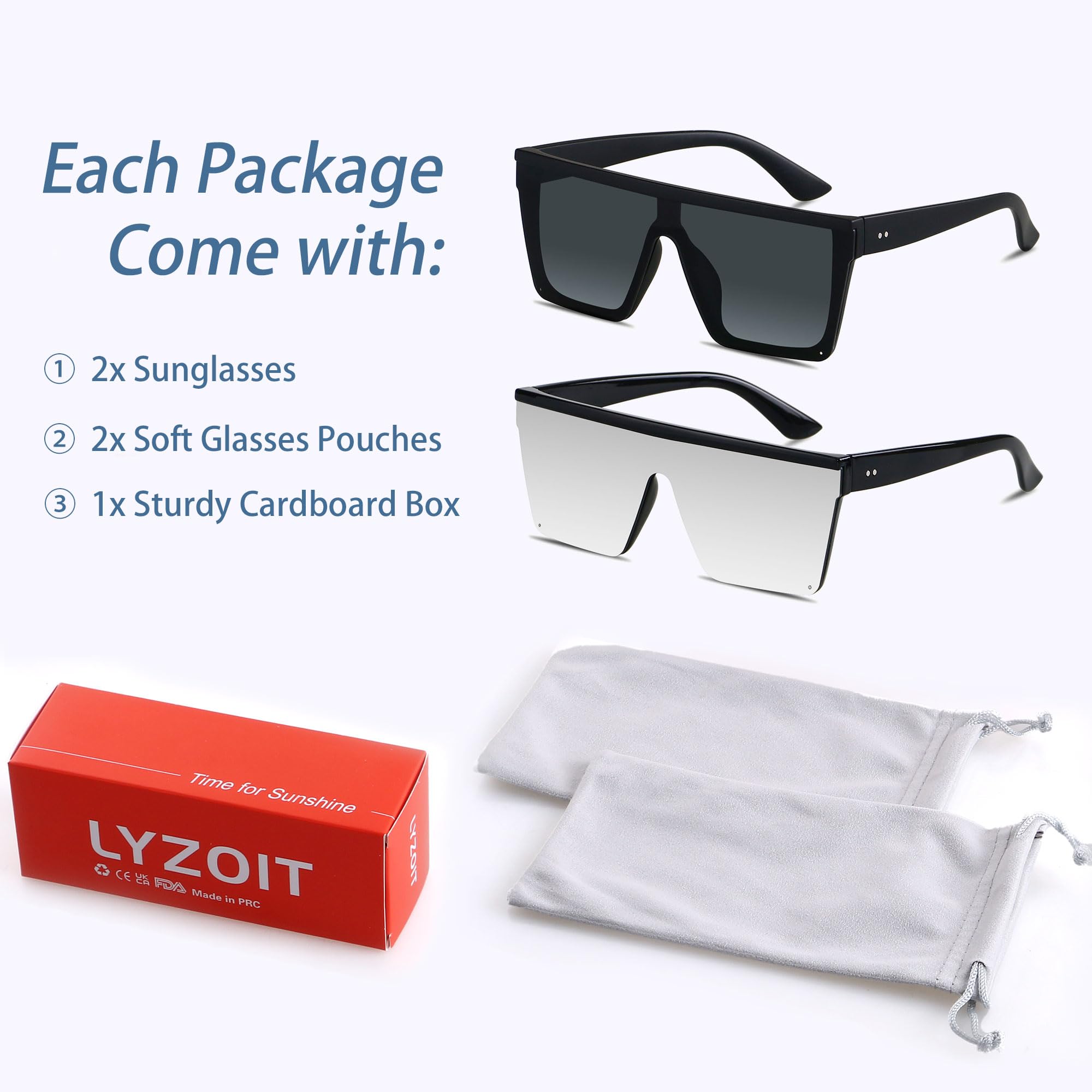 LYZOIT Square Oversized Sunglasses for Women Men Big Flat Top Fashion Shield Large UV Protection Rimless Shades