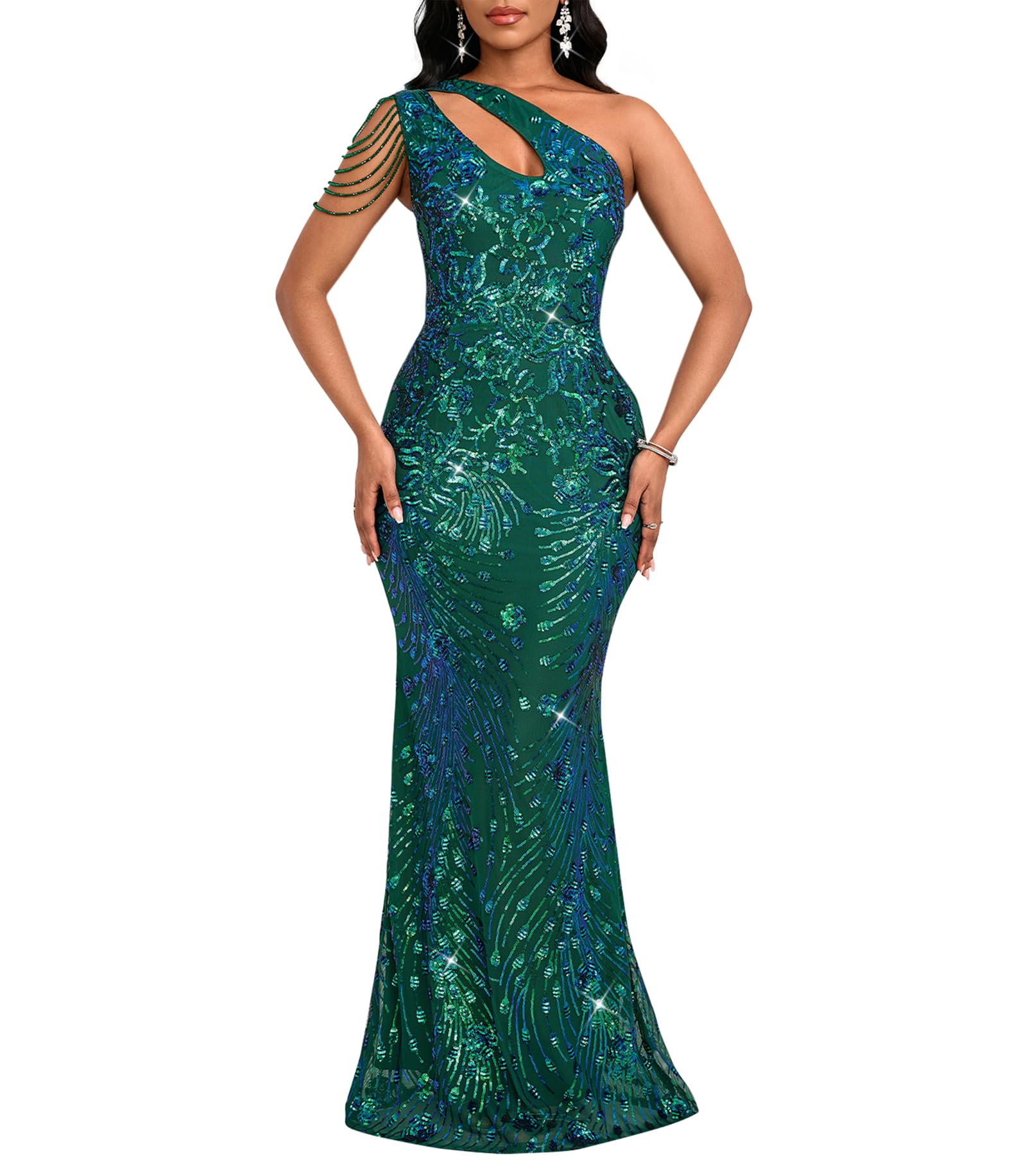 Cololura Women Sequin Elegant Sexy One Shoulder Tassel Mermaid Bodycon Cocktail Evening Dress