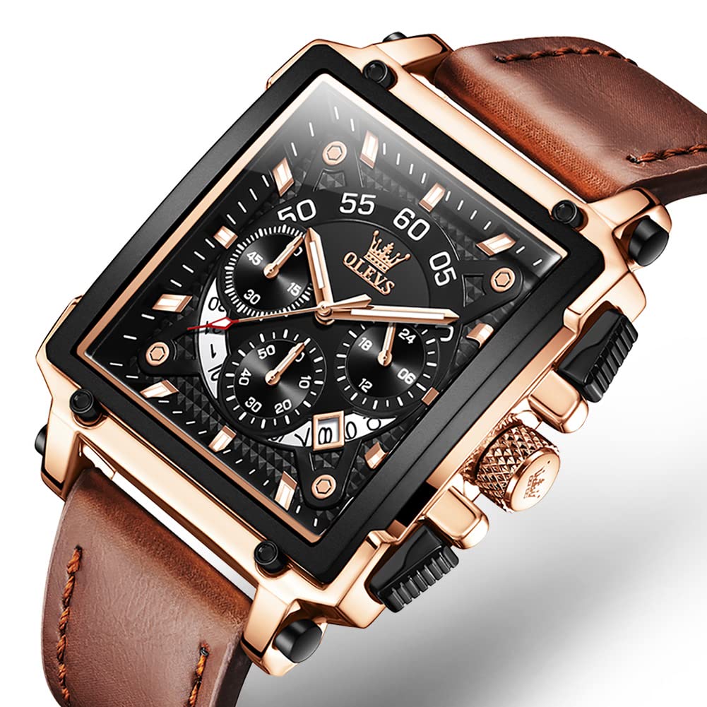 OLEVS Men's Casual Leather Watch, Big Face Chronograph Watch for Men, Fashion Easy to Read Dress Watch, Men's Waterproof Luminous Date Analog Watch, Gold/Black/White/Blue Dial