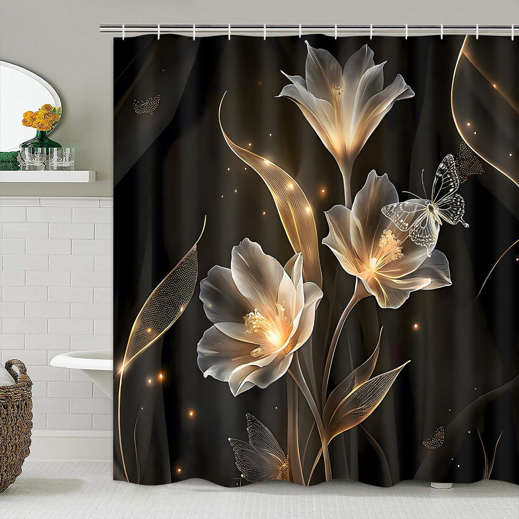 AZHM 4PCS Lotus Shower Curtain Set Black and Gold Flower Bathroom Decor Sets with Shower Curtain and Rugs and Accessories with 12 Hooks for Toilet