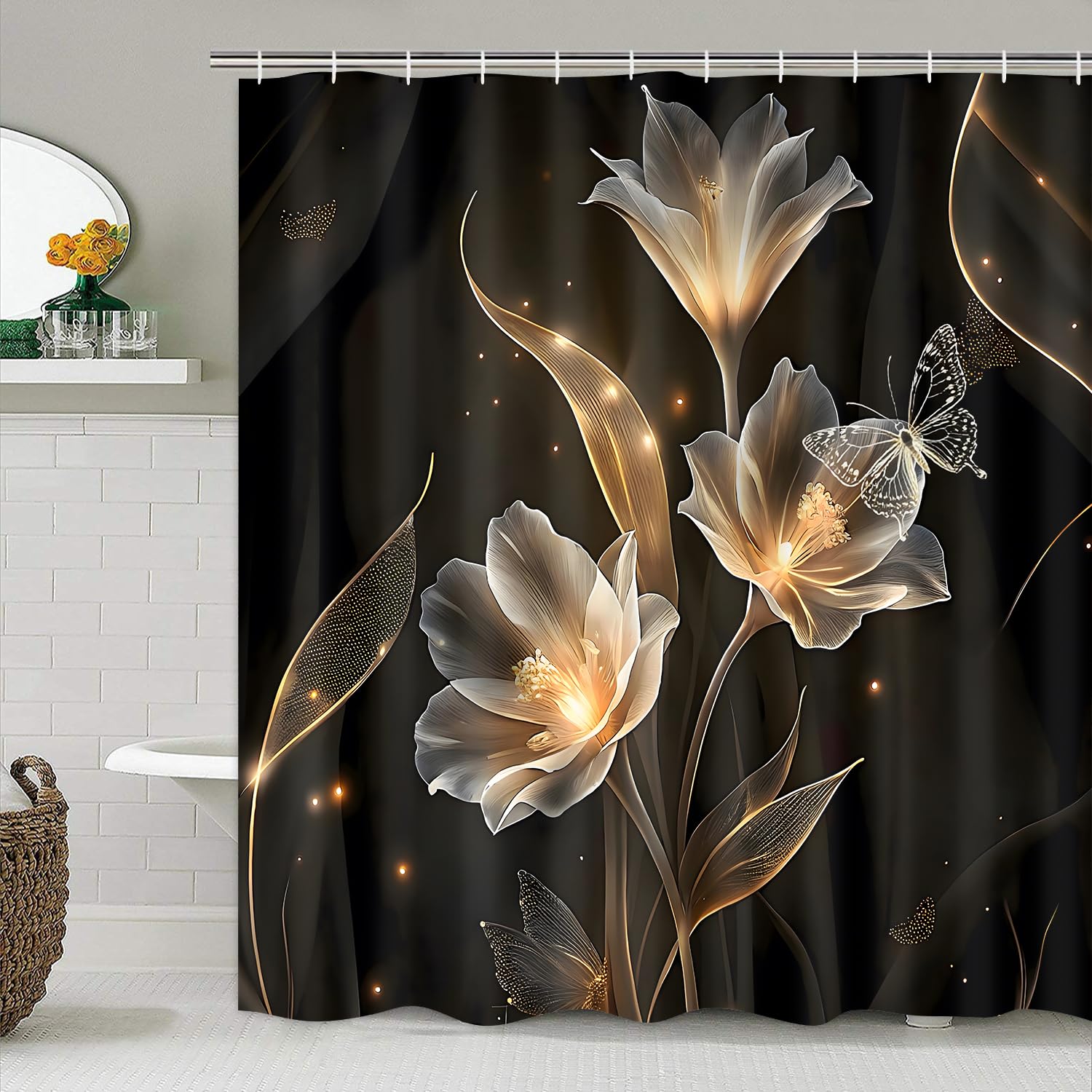 AZHM 4PCS Lotus Shower Curtain Set Black and Gold Flower Bathroom Decor Sets with Shower Curtain and Rugs and Accessories with 12 Hooks for Toilet