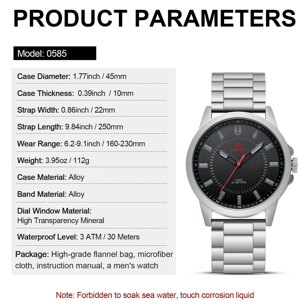 LN LENQIN Mens Watches Waterproof Stainless Steel Watch for Men Analog Quartz Fashion Business Designer Wristwatch