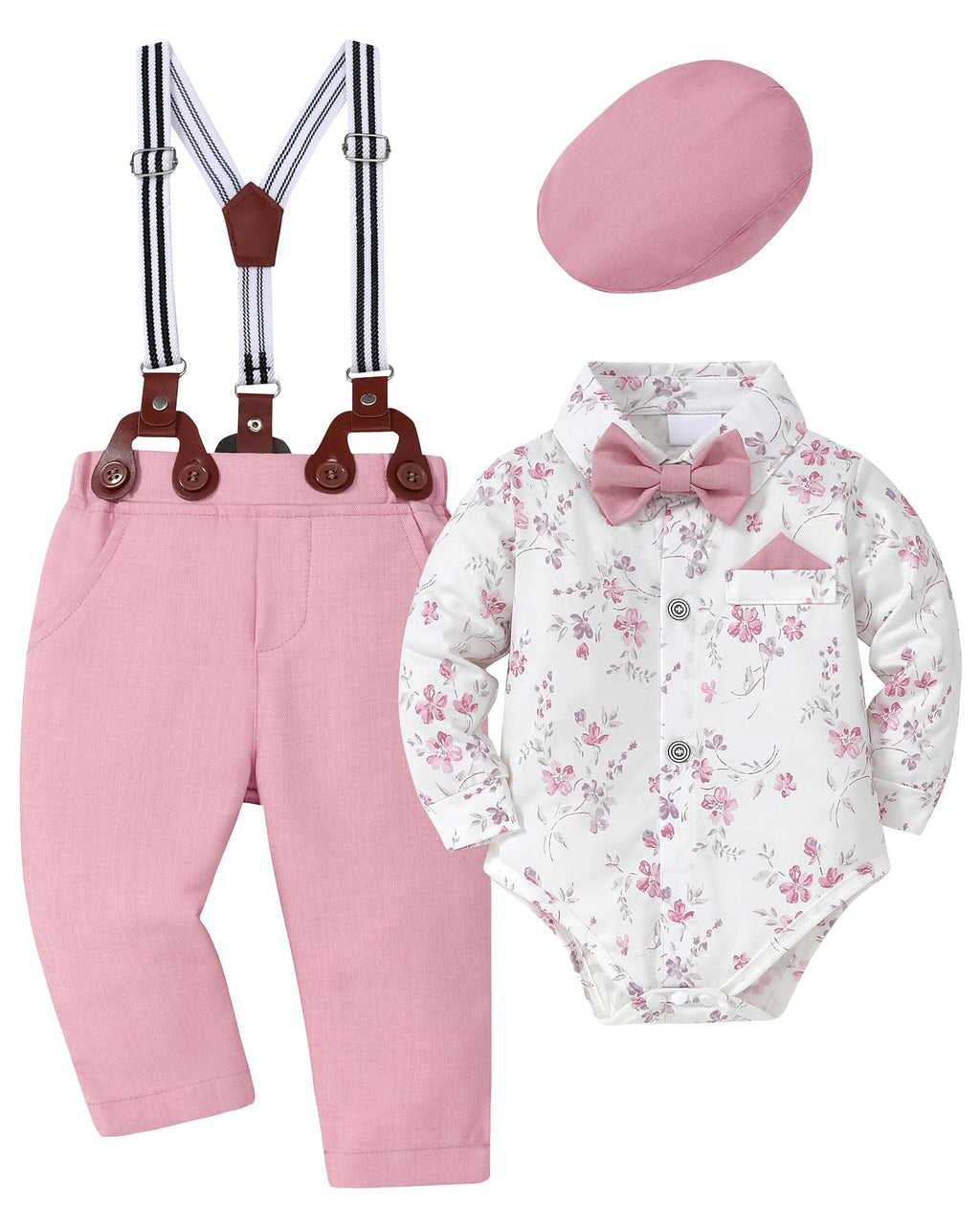 WESIDOM Baby Boy Clothes 0-18M Newborn Infant Gentleman Outfit, Shirt+Bowtie+Beret+Suspender Pant Baby boy Suit Clothing Set