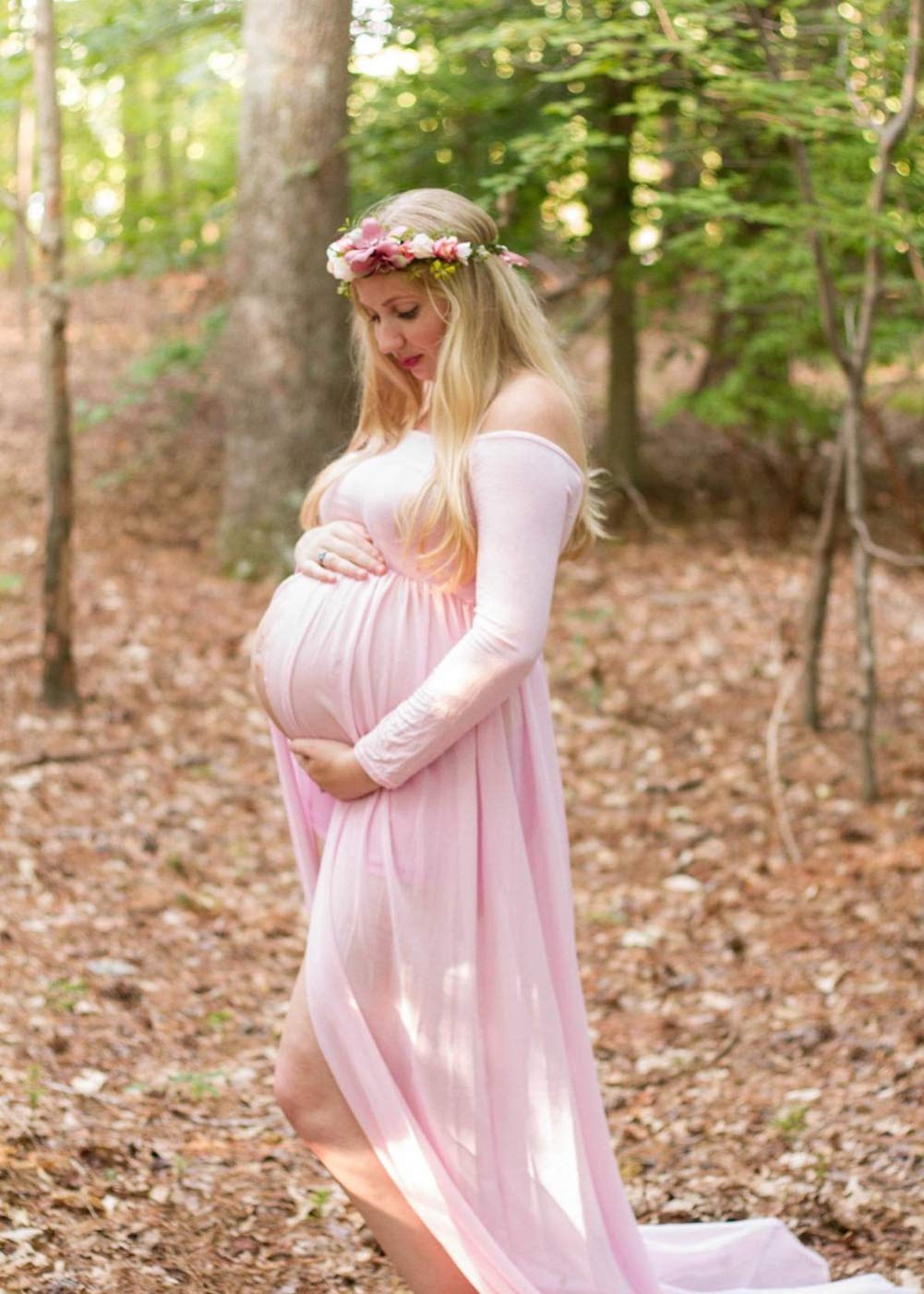 ZIUMUDY Maternity Maxi Chiffon Photography Dress Split Front Gown for Photoshoot