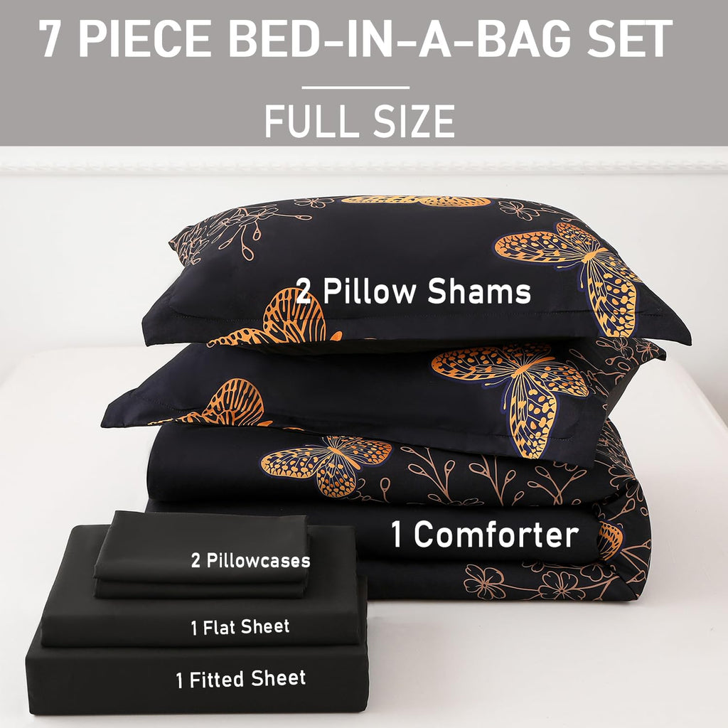 Yogeneg 7 Piece Bed in a Bag King Size Comforter Set Black Bedding Set,Gold Butterfly Leaves Printed on Black Reversible Design,Soft Microfiber Comforter with Sheet Set,All Season(Butterfly,King)