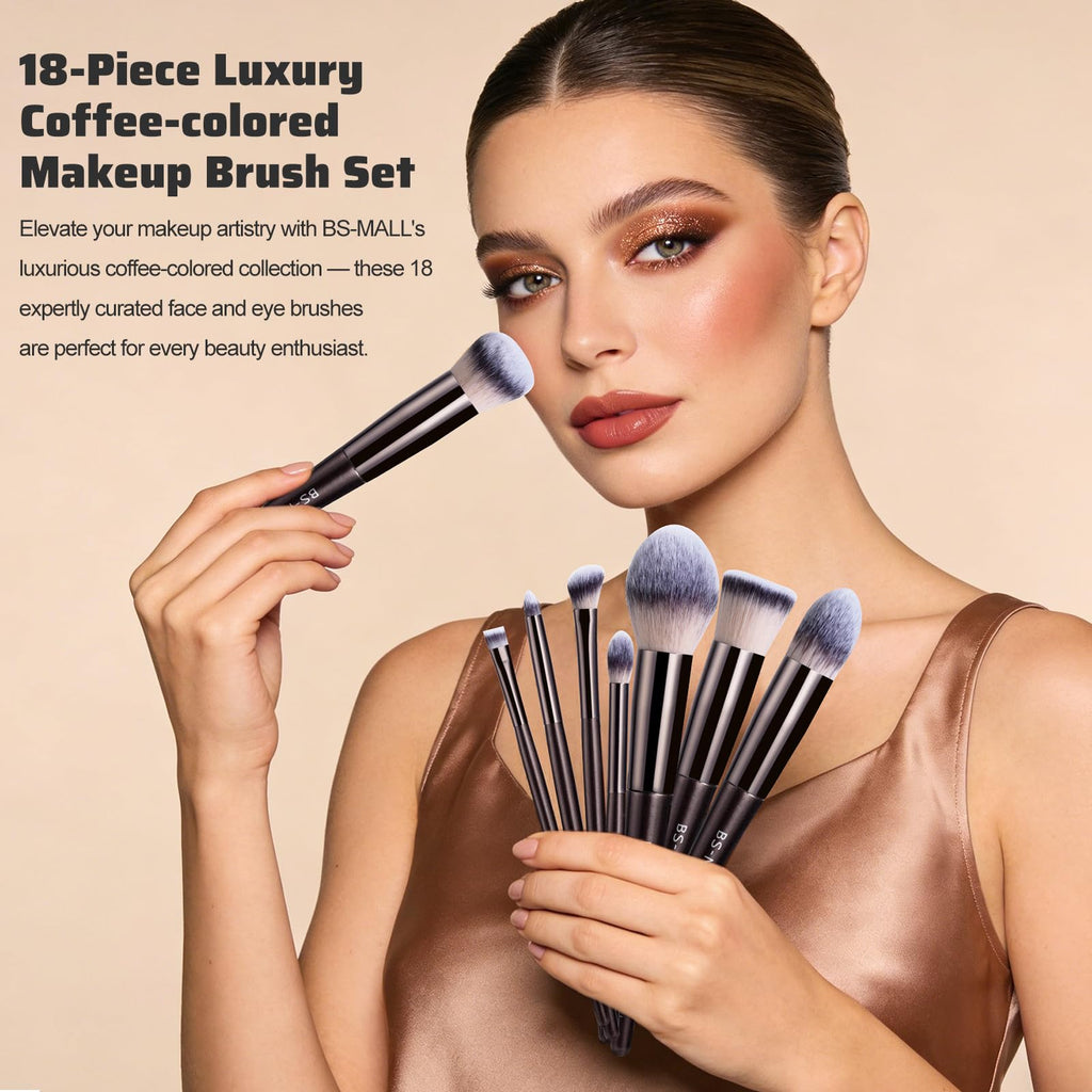 BS-MALL Makeup Brush Set 18 Pcs Professional Foundation Powder Concealers Eyeshadow Blush Synthetic Makeup Brushes with Labeled instruction Black Case Upgraded Version